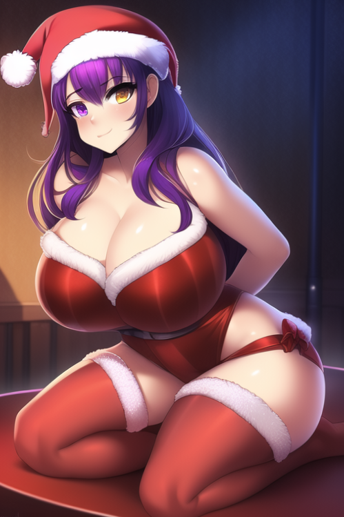 1girls ai_generated bow christmas christmas_outfit female female_only gigantic_breasts heterochromia holidays huge_ass huge_breasts large_ass large_breasts miako_blodeuwydd purple_eyes purple_hair slut slutty_outfit stripper stripper_pole virtual_youtuber vtuber yellow_eyes