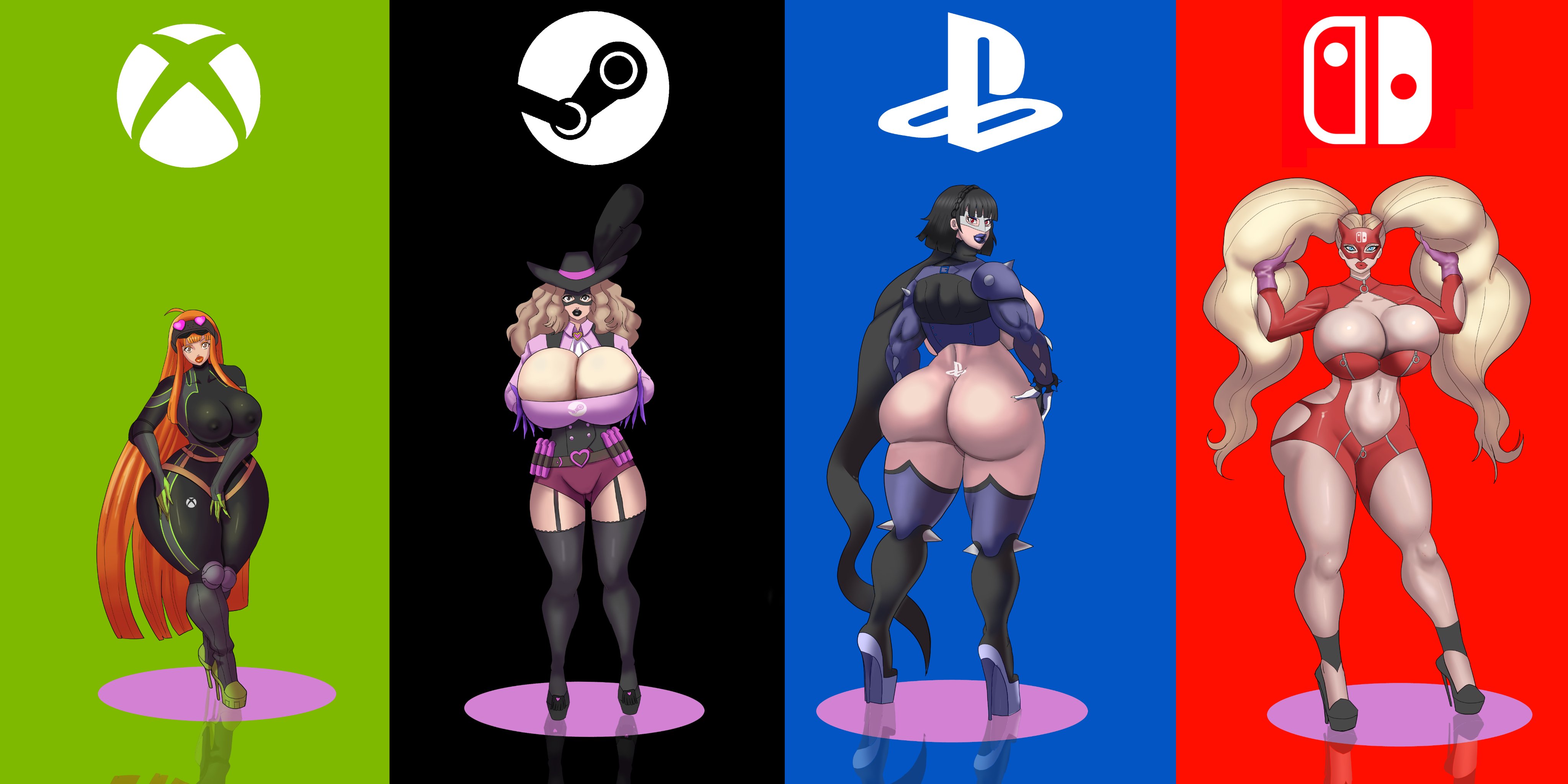 ann takamaki, ann takamaki (panther), annon, ass, big ass, big breasts, big hair, big lips, big thighs, bimbo, black hair, black lipstick, blonde hair, blue lipstick, breasts, brown hair, bubble ass, bubble butt, clothing, dildo, female, haru okumura, haru okumura (noir), high heels, huge breasts, human, makoto niijima, multiple females, multiple girls, muscular, muscular female, nintendo, nintendo switch, orange hair, orange lipstick, pale skin, persona, persona 5, phantom thief suit, playstation, red lipstick, sakura futaba, sakura futaba (oracle), steam, wide hips, xboxmakoto niijima (queen)