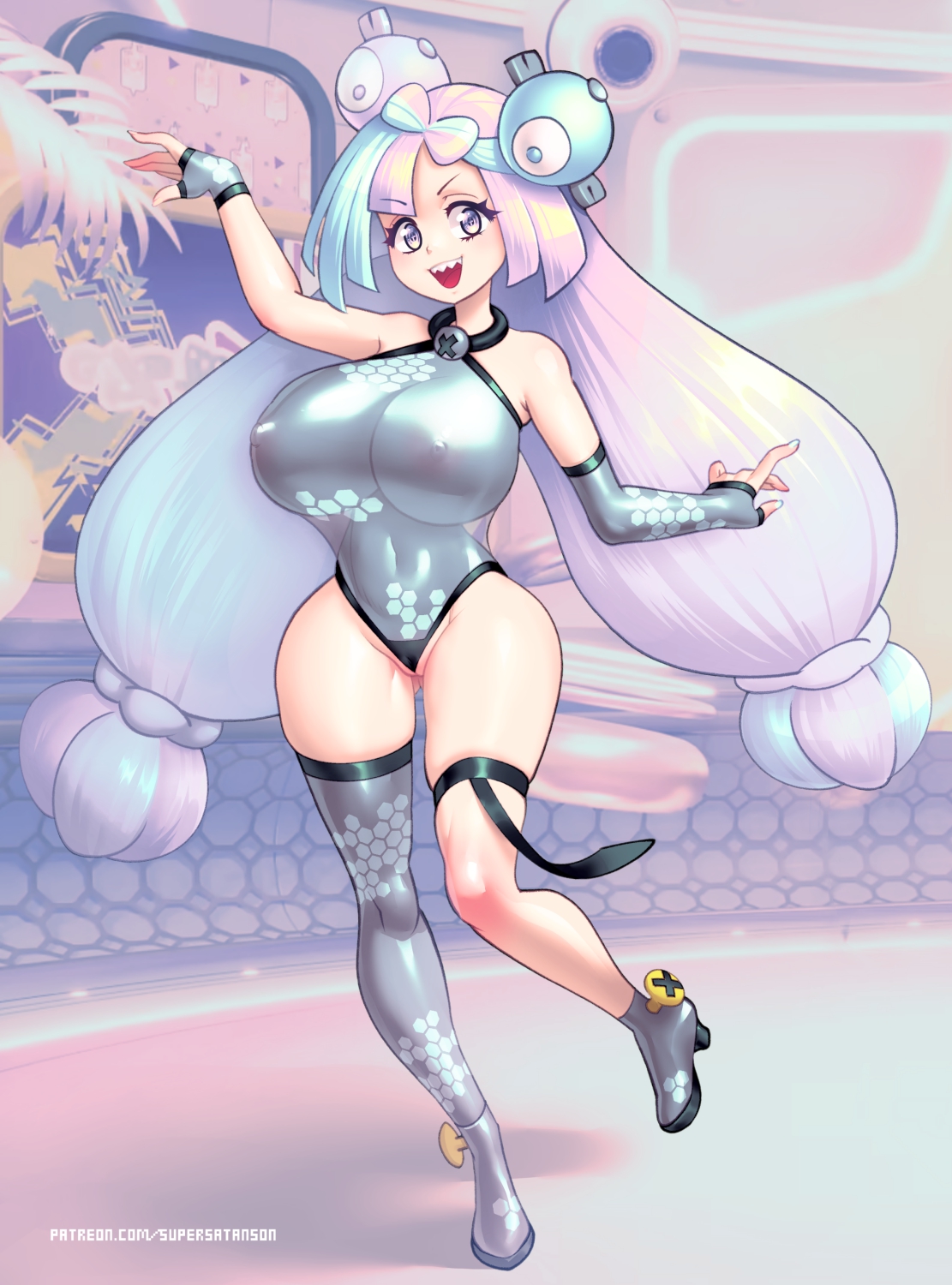 1girls, alternate body type, blue hair, breasts, female, game freak, hips, huge breasts, iono (pokemon), leotard, light skin, light-skinned female, nintendo, pink eyes, pink hair, pokemon, pokemon sv, smile, supersatanson, thick thighs, thighhighs, thighs, tight clothing, two-tone hair, wide hips