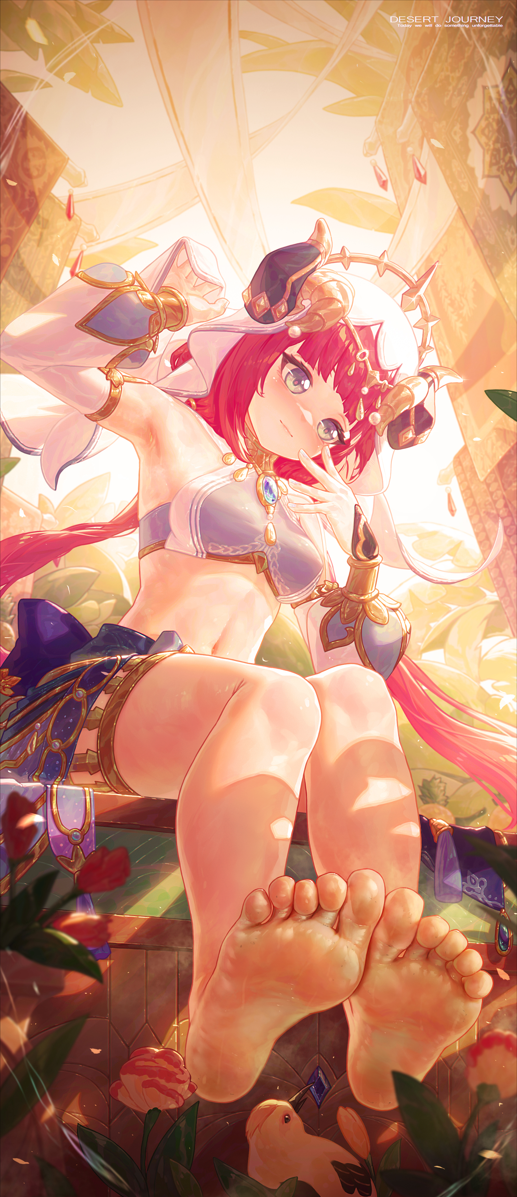 1girls, 2d (artwork), alternate version available, armpit fetish, armpits, athletic, athletic female, barely clothed, belly, belly button, bird, blush, blushing, clothed, clothing, digital media (artwork), dirty feet, feet, female, female only, foot fetish, foot focus, genshin impact, gloves, highres, icecake, light skin, light-skinned female, middle eastern clothing, nilou (genshin impact), persian clothing, smelly feet, soles, stinky feet, sweaty feet, thick thighs, toes