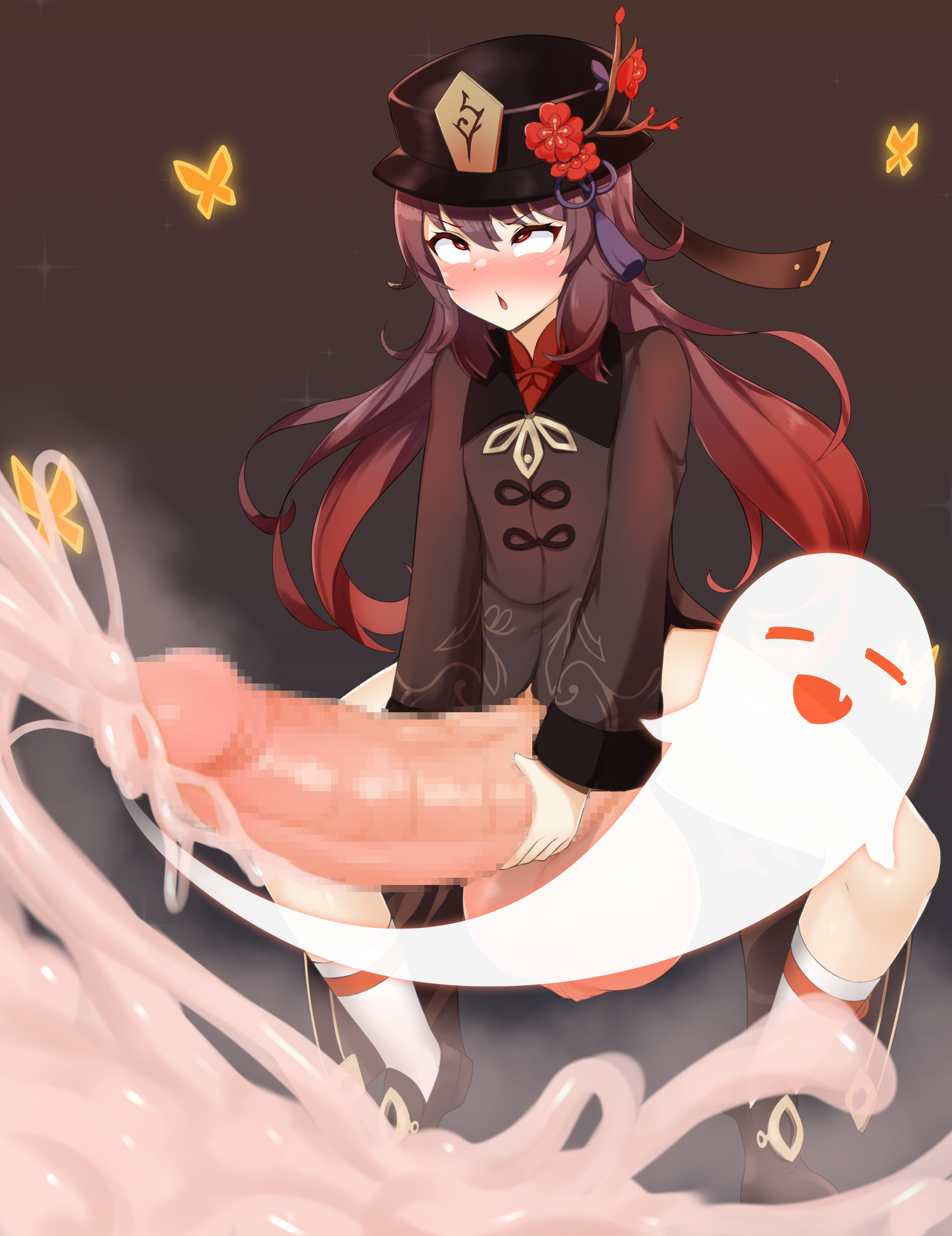 1futa, absurd res, ahe gao, balls, big balls, big testicles, blush, bottomless, breasts, brown hair, censored, clothed, clothing, cum, cumshot, ejaculation, erection, excessive cum, ftnranat, futa only, futanari, genshin impact, ghost, hat, high resolution, hu tao (genshin impact), huge balls, huge cock, human, intersex, large penis, light skin, light-skinned futa, long hair, masturbation, mosaic censoring, mostly clothed, orgasm, penis, png, red eyes, rolling eyes, small breasts, solo, squatting, testicles, thick cum, two-tone hair, veiny penis