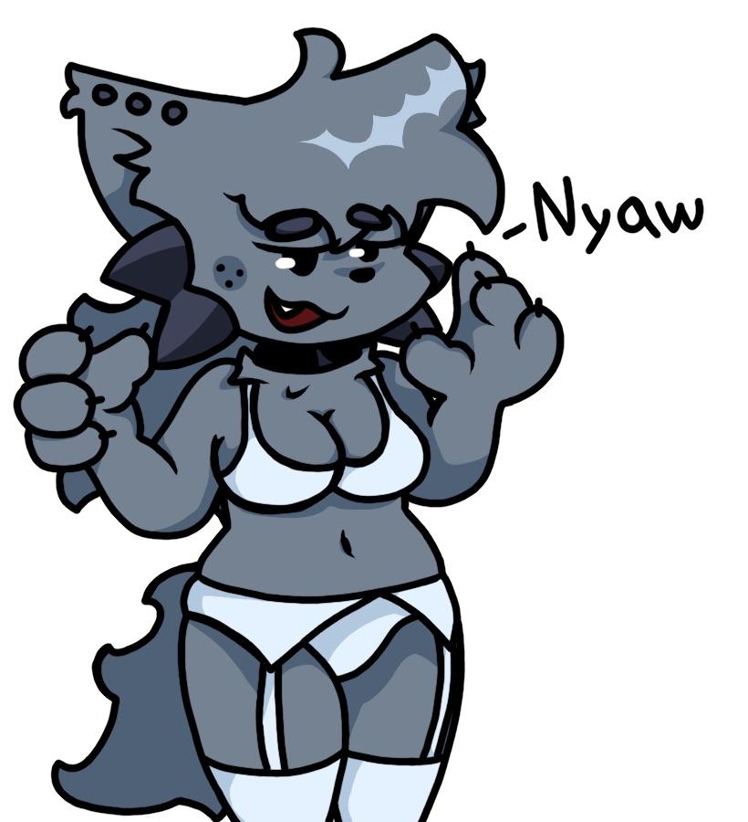 4 fingers, black collar, black eyes, bra, canid, cat ears, cat tail, ear piercing, feline, female, freckles, friday night funkin, friday night funkin mod, grey body, grey fur, kapi (paperkitty), kapikan (proto ness), panties, plain background, ponytail, pose, posing, rule 63, skirt, solo, text, white bra, white legwear