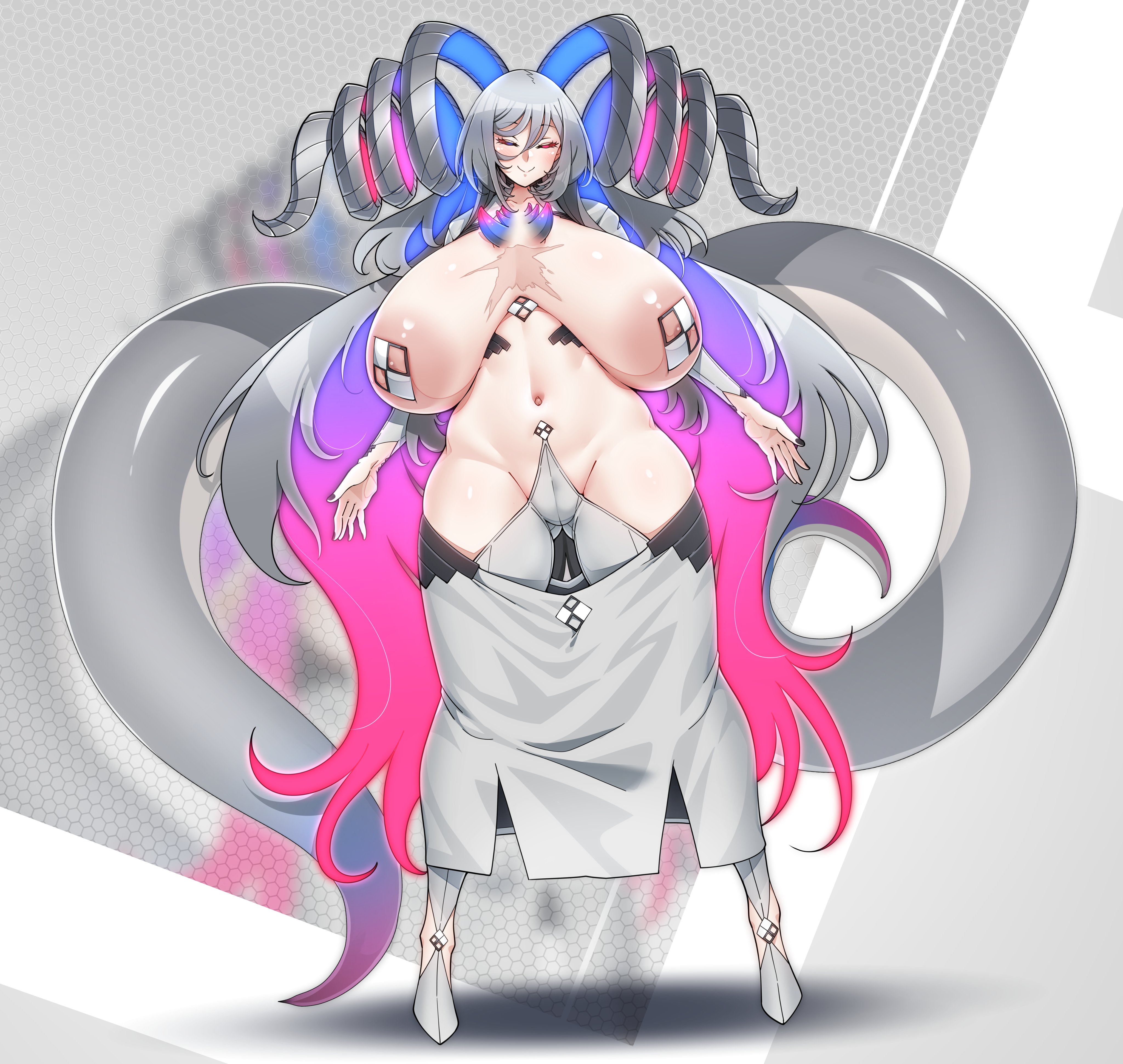 1girls, ass visible through thighs, big breasts, breasts, closed eyes, dragon, dragon girl, dragon horns, dragon tail, female, gigantic breasts, goddess, gray dragon (konoshige), horns, huge breasts, konoshige (ryuun), long hair, mature female, midriff, milf, multicolored hair, original, pasties, ryuun (stiil), scar, skirt, tail, thick thighs