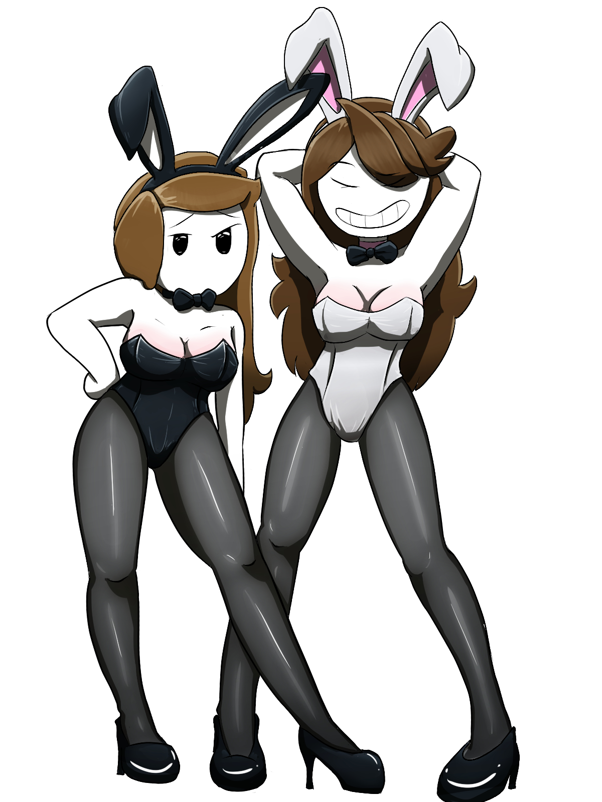 2girls, big breasts, breasts, bunny ears, bunny girl, bunnysuit, cleavage, female, female only, happy, high heels, jaiden, jaiden animations, jaiden dittfach, let me explain studios, looking at viewer, moderatelyashamed, multiple females, multiple girls, pinup, rebecca parham, stickman, youtube, youtuber