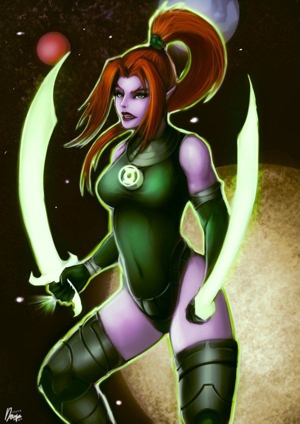 1girls bodysuit dc dc_comics female female_focus female_only green_eyes green_lantern green_lantern:_emerald_knights laira_omoto leotard purple_skin red_hair scimitar solo solo_female solo_focus sword tagme