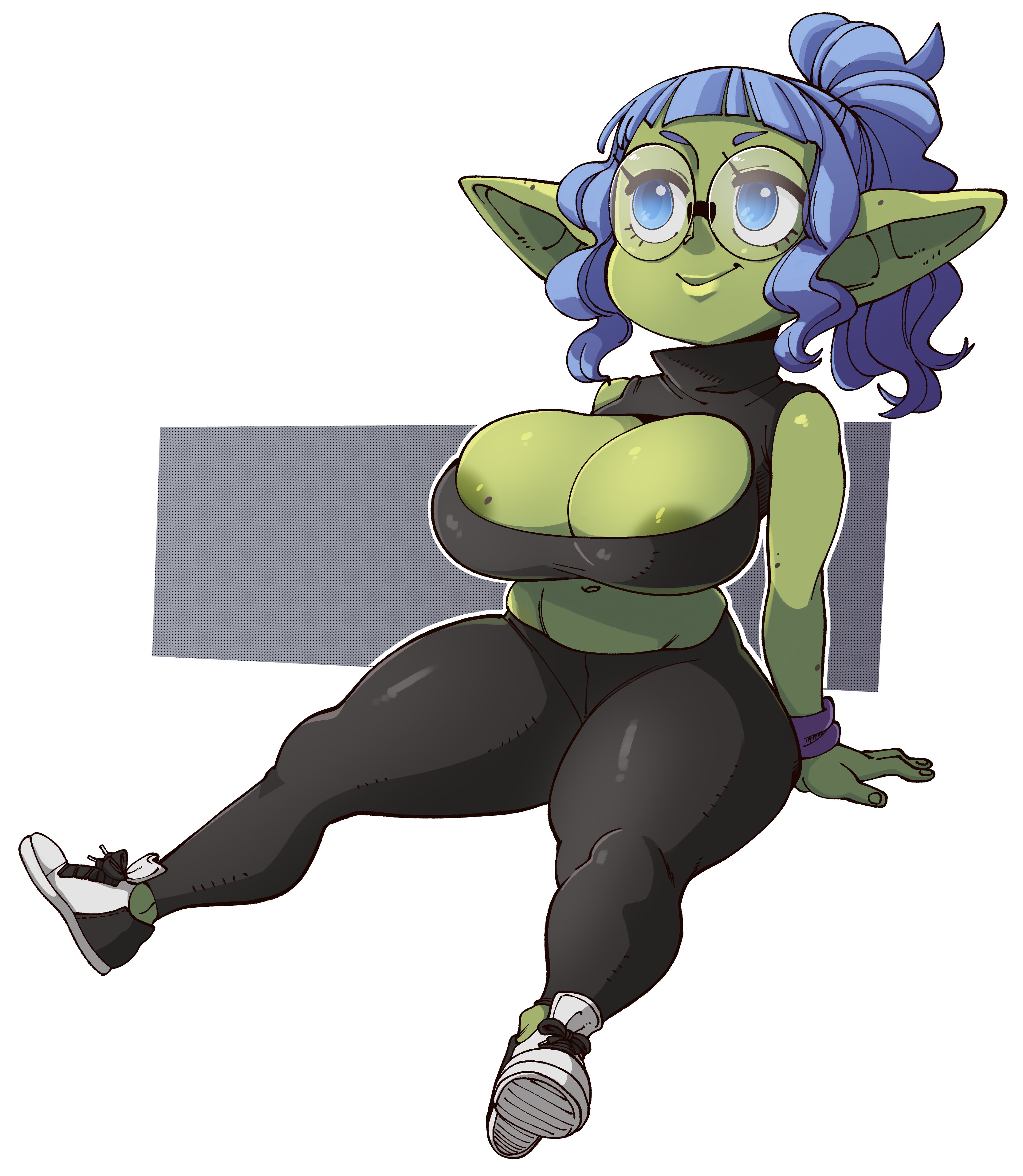 1girls, absurd res, areola slip, bangs, big breasts, blue eyes, blue hair, breasts, cleavage cutout, female, female only, glasses, goblin, goblin female, green skin, green-skinned female, inktober, looking away, nuclearwasabi, ponytail, round glasses, sitting, smiling, solo, thick thighs, white background, wristband