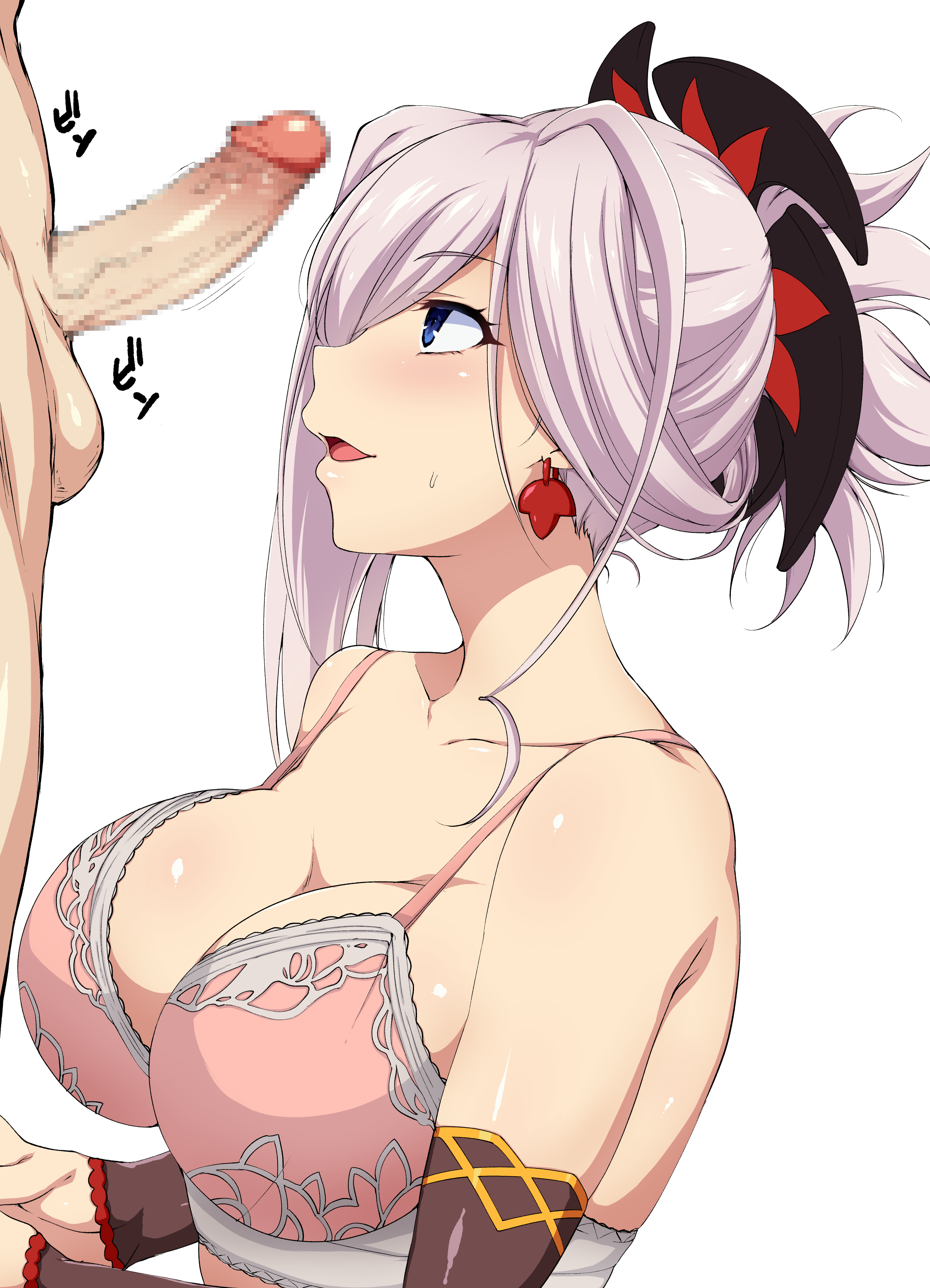 1boy, 1girls, asymmetrical hair, bare shoulders, blue eyes, blush, bra, breasts, censored, cleavage, clothed female nude male, earrings, eyebrows visible through hair, fate (series), fate/grand order, female, from side, hair between eyes, hair ornament, large breasts, large penis, light skin, light-skinned female, light-skinned male, long hair, looking at viewer, male, miyamoto musashi (fate), mokichi (nvzy3n), mosaic censoring, open mouth, penis, pink bikini, pink hair, ponytail, shiny, simple background, smile, solo focus, sound effects, tongue, underwear, upper body, white background
