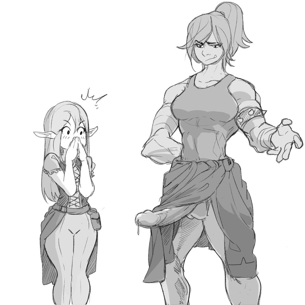 1futa, 1girls, before sex, big penis, bottomless, clothed, clothing, creejo, duo, elf, elf female, erection, female, fully clothed, futa on female, futanari, hands on face, height difference, huge cock, humanoid, intersex, light blush, light skin, light-skinned female, looking at penis, monochrome, mostly clothed, muscular, muscular futa, orc, orc futa, penis, penis awe, shocked, size difference, sketch, standing, uncensored