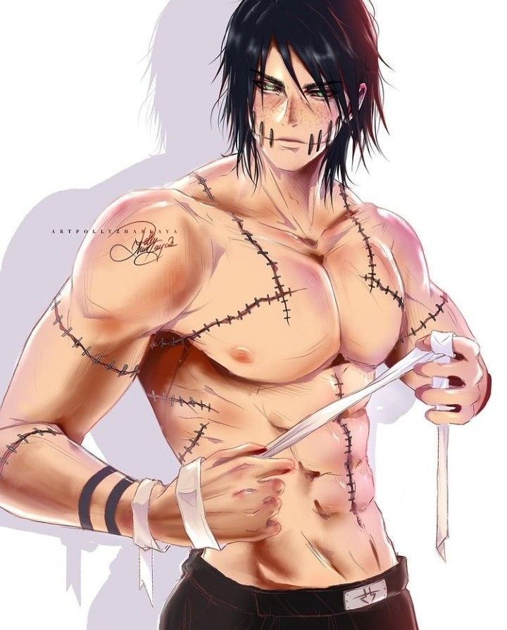 1boy akatsuki_(naruto) artist_request brown_hair cute cute_male daddy dark-skinned_male fight green_eyes hunk kakuzu male_focus male_only monster naruto naruto_(series) naruto_shippuden solo_male stitches topless topless_male