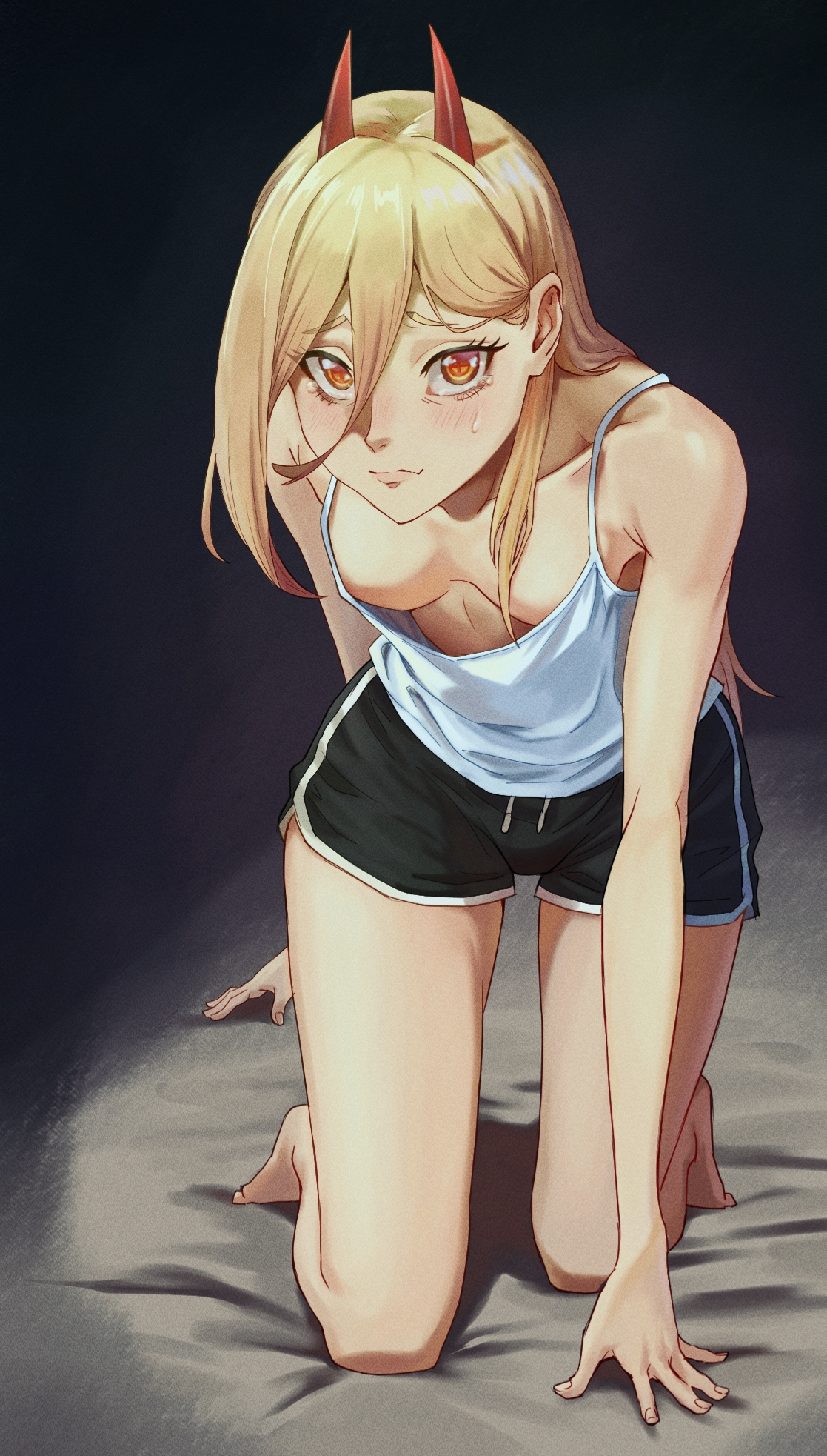 1girls, bedroom, blonde hair, blush, blushing, breasts, camisole, chainsaw man, cleavage, clothed, demon, demon girl, demon horns, dolphin shorts, downblouse, female, female only, kadokadokado14, light skin, light-skinned female, looking at viewer, no bra, power (chainsaw man), short shorts, shounen jump, small breasts, solo