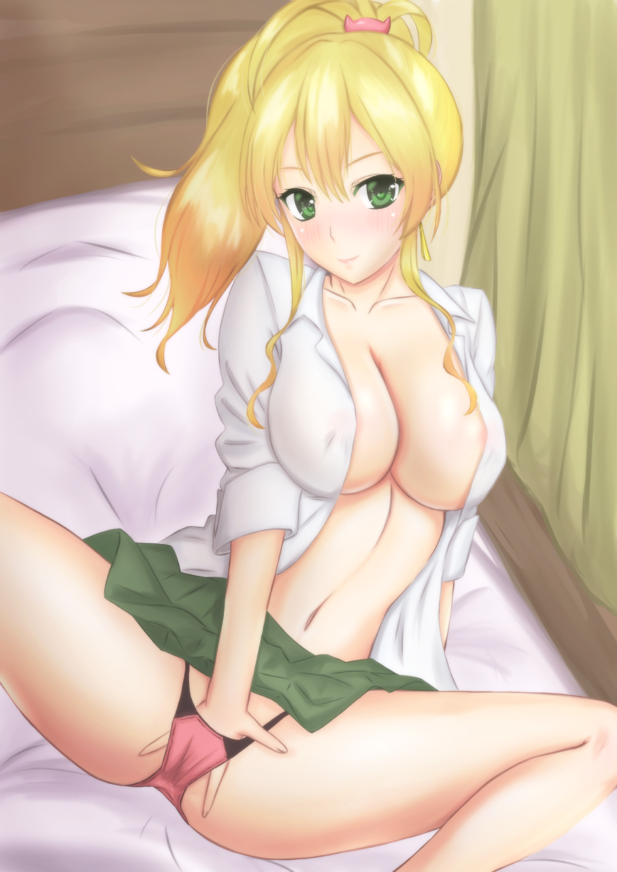 1girls, bed, blonde hair, blush, breasts, curtain, female, green eyes, green skirt, gyaru, hajimete no gal, hand in own panties, hand in panties, large breasts, looking at viewer, masturbation, midriff, navel, no bra, on bed, open shirt, panties, pillow, pink panties, ponytail, school uniform, shirt, skirt, skirt lift, white shirt, yame yukana, ナベシータ