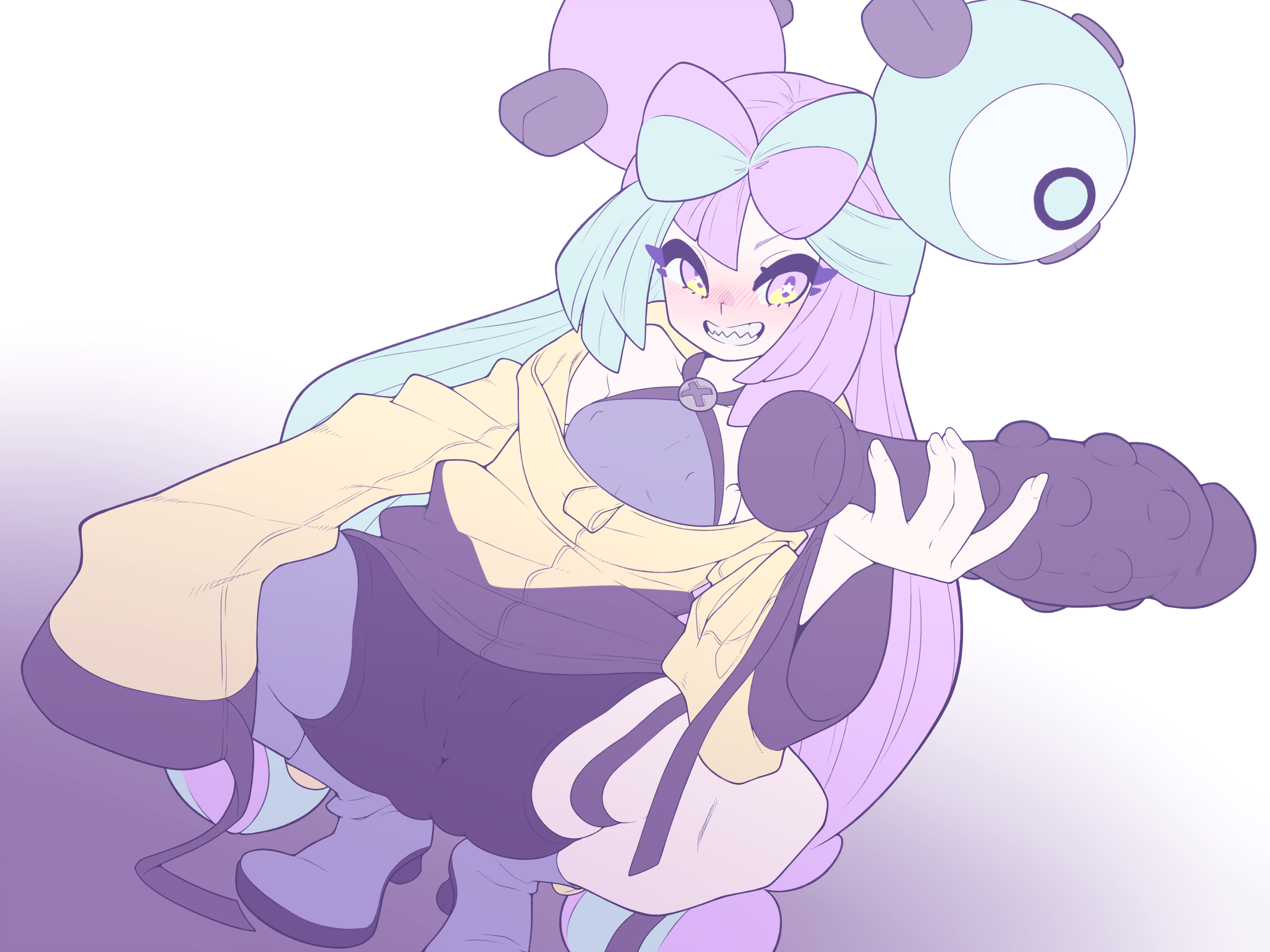1girls, bike shorts, blue and pink hair, blush, boots, butt from the front, cameltoe, dildo, female, female focus, female only, full body, game freak, hair ornament, holding dildo, iono (pokemon), kaikoinu, legwear only, long hair, nintendo, pokemon, pokemon (game), pokemon sv, pussy, sex toy, sharp teeth, short shorts, shorts, smile, squatting, tight clothing, twintails, two-tone hair, unfinished