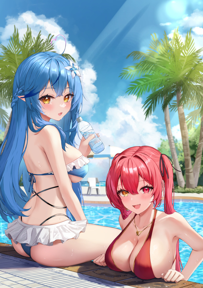 :d, 2girls, absurdres, ahoge, bangs, bikini, blue bikini, blue hair, blue sky, blush, bottle, braid, breasts, cloud, day, elf, female, flower, frilled bikini, frills, hair between eyes, hair flower, hair ornament, hair ribbon, halterneck, heart, heart ahoge, heart necklace, heterochromia, highres, holding, holding bottle, hololive, hololive fantasy, hololive gen 5, hololive japan, houshou marine, jewelry, large breasts, long hair, looking at viewer, multicolored hair, multiple females, multiple girls, necklace, open mouth, outdoors, palm tree, pointy ears, pool, poolside, red bikini, red eyes, red hair, ribbon, sitting, sky, smile, streaked hair, suiran (liquiddoes), swimsuit, tree, very long hair, virtual youtuber, water, white flower, yellow eyes, yukihana lamy