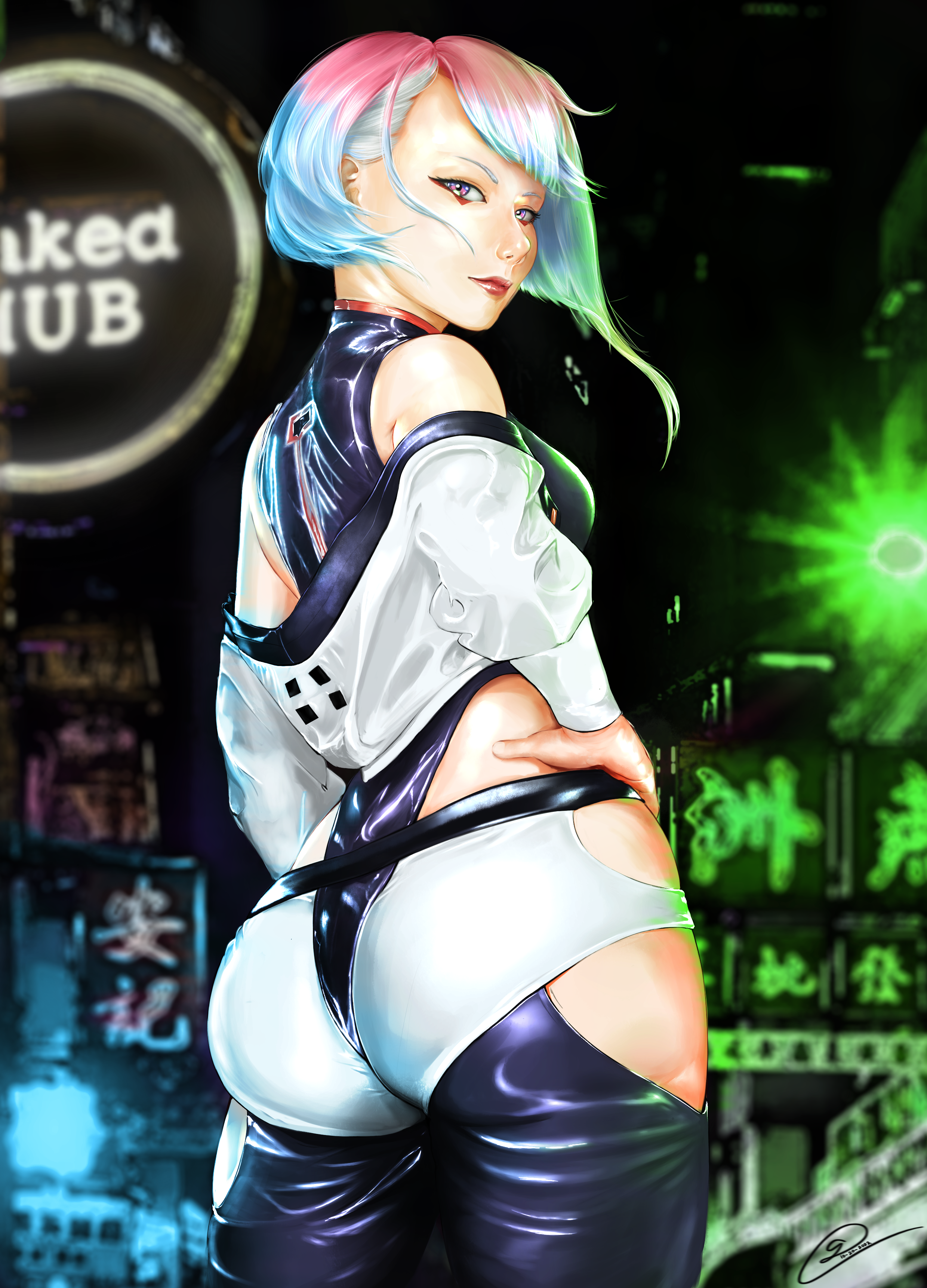 1girls, asian, asian female, ass, ass focus, big ass, big breasts, breasts, bubble ass, bubble butt, cd projekt red, cybernetics, cyberpunk 2077, cyberpunk: edgerunners, cyborg, deep duck ero, female, female only, leotard, light skin, light-skinned female, lucyna kushinada, neon sign, netflix, nude, short hair, studio trigger, white hair