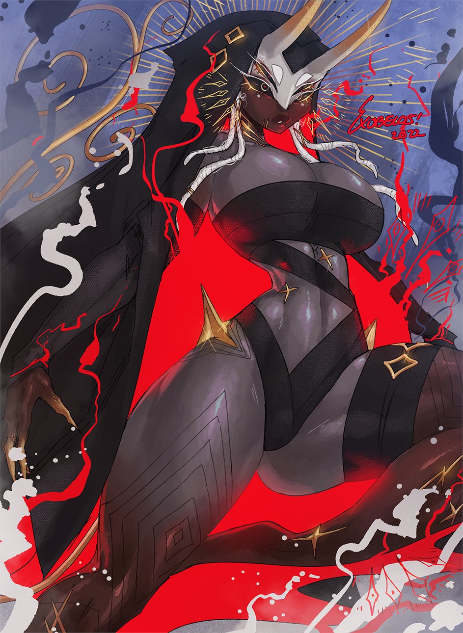 :o, 1girls, 2022, 4 eyes, abs, big breasts, big thighs, black clothing, black sclera, braided hair, braids, breasts, bungie, cleavage, cloak, covered nipples, covered pussy, curvaceous, curved horns, curves, curvy, curvy body, curvy female, curvy figure, curvy hips, dark skin, dark-skinned female, demon, demon girl, demon horns, destiny (game), elbow gloves, exobelos, female, female focus, female only, fingernails, gold, gold (metal), gold jewelry, grey skin, guardian (destiny), hair ornament, halo, hi res, highres, hips, hooded cloak, horns, hourglass figure, hunter (destiny), large breasts, large thighs, long hair, mask, masked, masked female, midriff, multi eye, nun, nun's habit, original, pussy, red clothing, red eyes, red skin, sharp fingernails, siishi (exobelos), slim, slim waist, solo, solo female, solo focus, spikes, spikes (anatomy), straps, thick thighs, thigh strap, thighs, toned, toned female, toned stomach, white hair, wide hips, wraps