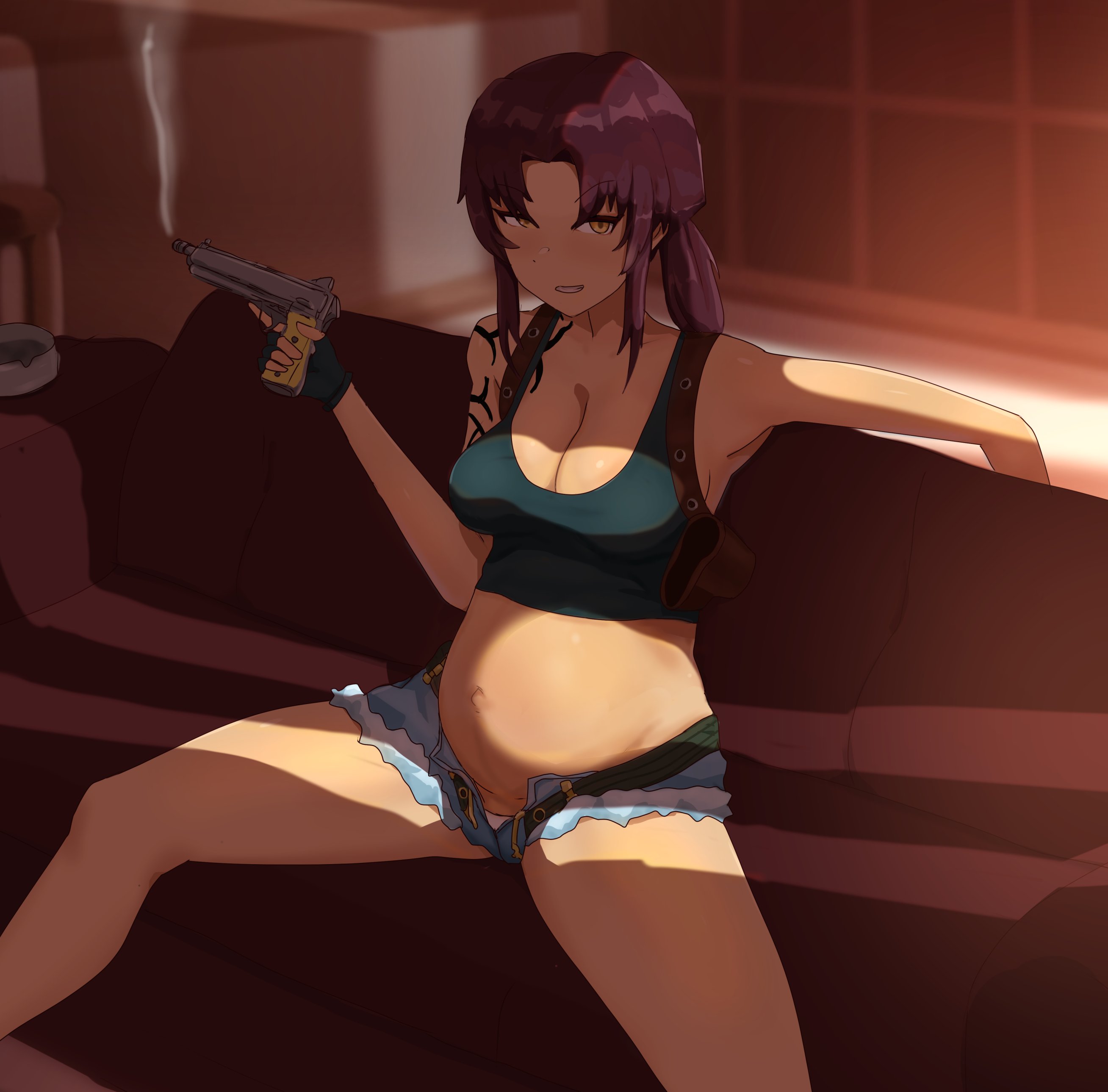 1girls, asabo5, black lagoon, female, female only, gun, looking at viewer, pregnant, revy, solo, spread legs, tattoo