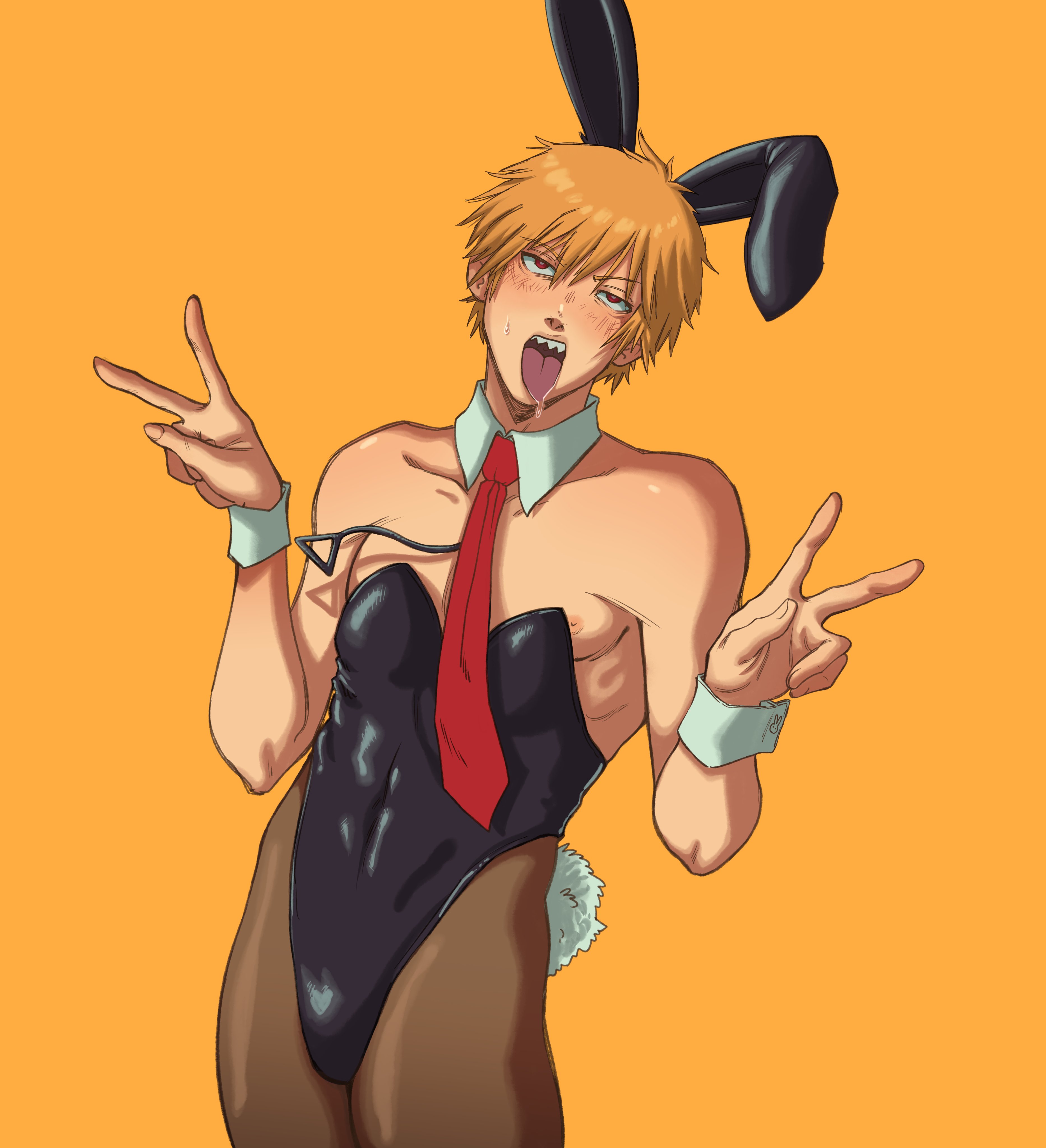 1boy, blush, bunny ears, bunny tail, bunnysuit, chainsaw man, denji (chainsaw man), detached collar, double v sign, hi res, looking at viewer, male, male only, narrowed eyes, necktie, open mouth, orange background, orange hair, orange theme, pantyhose, pepprnsalt, pretty boy, red eyes, sharp teeth, solo, tongue, tongue out, v sign, wrist cuffs