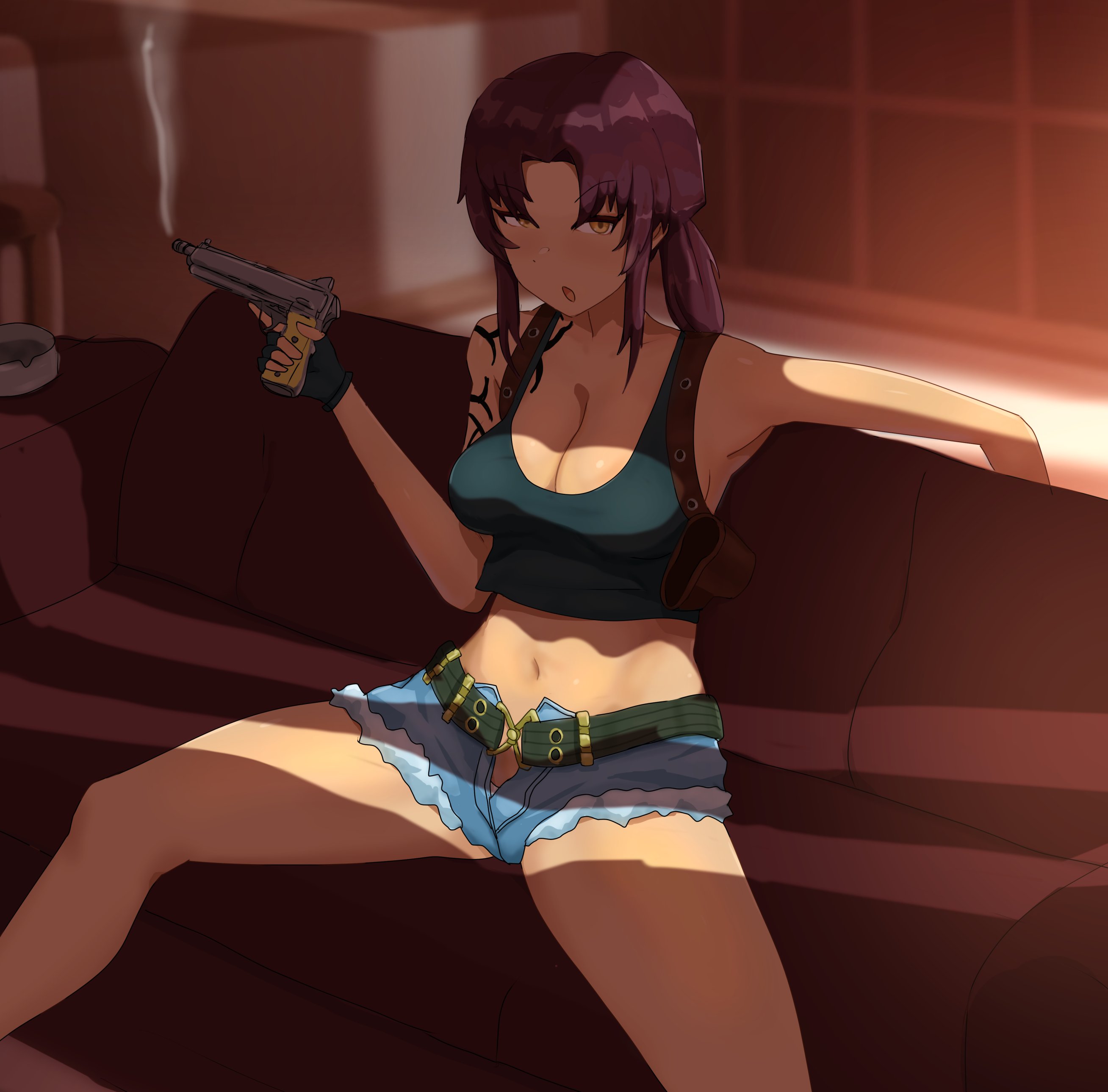 1girls, asabo5, black lagoon, breasts, cleavage, female, female only, gun, looking at viewer, revy, shorts, solo, spread legs, tattoo