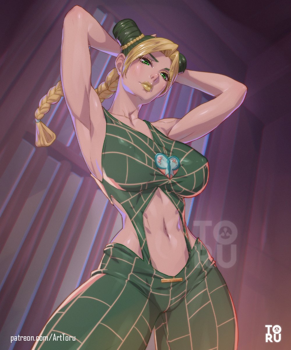 1girls, armpits, arttoru, big breasts, breasts, bulging breasts, curvy female, curvy figure, erect nipples, female, female only, fully clothed, green skin, hairbun, jojo's bizarre adventure, jolyne kujo, looking back, nipple bulge, nipples, sexy armpits, solo, stone ocean, tagme, voluptuous, voluptuous female