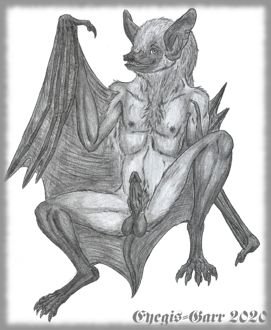 anthro bat_ears bat_wings chiropteran erection eyegis-garr genitals hi_res humanoid_genitalia humanoid_penis male mammal membrane_(anatomy) membranous_wings penis presenting simple_background solo traditional_media_(artwork) wings