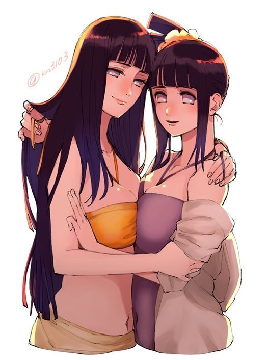 2girls, belly button, big breasts, boruto: naruto next generations, breasts, female, hair accessory, hair ornament, holding each other, hyuuga hinata, kn3103, long hair, milf, multiple females, multiple girls, naruto, naruto (classic), naruto (series), naruto shippuden, naruto: the last, one-piece swimsuit, ponytail, purple hair, swimsuit, tied hair, touching hair, two piece swimsuit, violet eyes