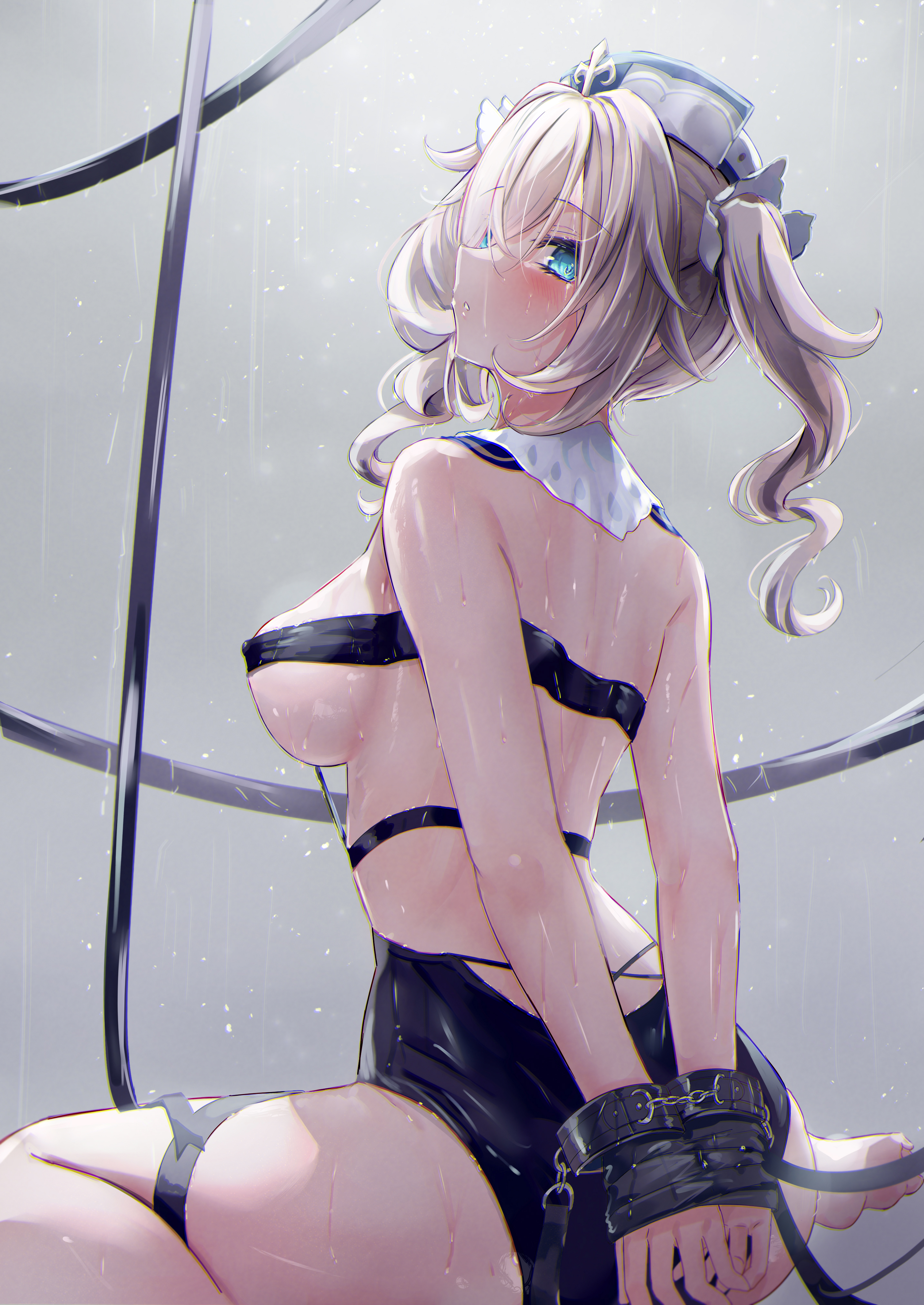 1girls, absurd res, barbara (genshin impact), blonde hair, blue eyes, blush, bondage, bound, breasts, chained, female, female only, genshin impact, hair ornament, hands behind head, highres, looking at viewer, looking back, medium breasts, medium hair, nun, sideboob, sitting, solo, sweat, tears, twintails, underboob