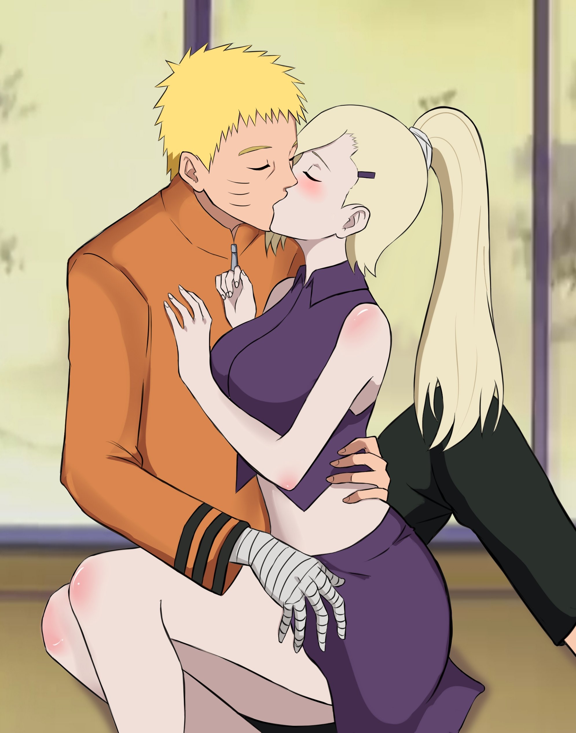 1boy, 1girls, against wall, bandaged arm, bare legs, blonde hair, blush, boruto: naruto next generations, breasts, busty, closed eyes, crop top, cuddling, female, forest, fully clothed, human, ino yamanaka, jacket, kissing, male, male/female, midriff, miniskirt, naruto, naruto (series), nature, on floor, outdoors, pants, ponytail, romantic, romantic couple, short hair, sitting, skirt, sweetlovi, tied hair, undressing, uzumaki naruto, yellow hair