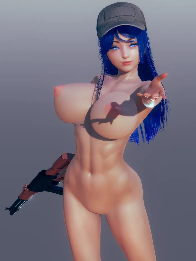 3d 3d_(artwork) alisa_stewart blonde_hair blue_eyes breasts female gun hat metal_slug military military_hat nude nude_female pussy snk video_game_character video_games