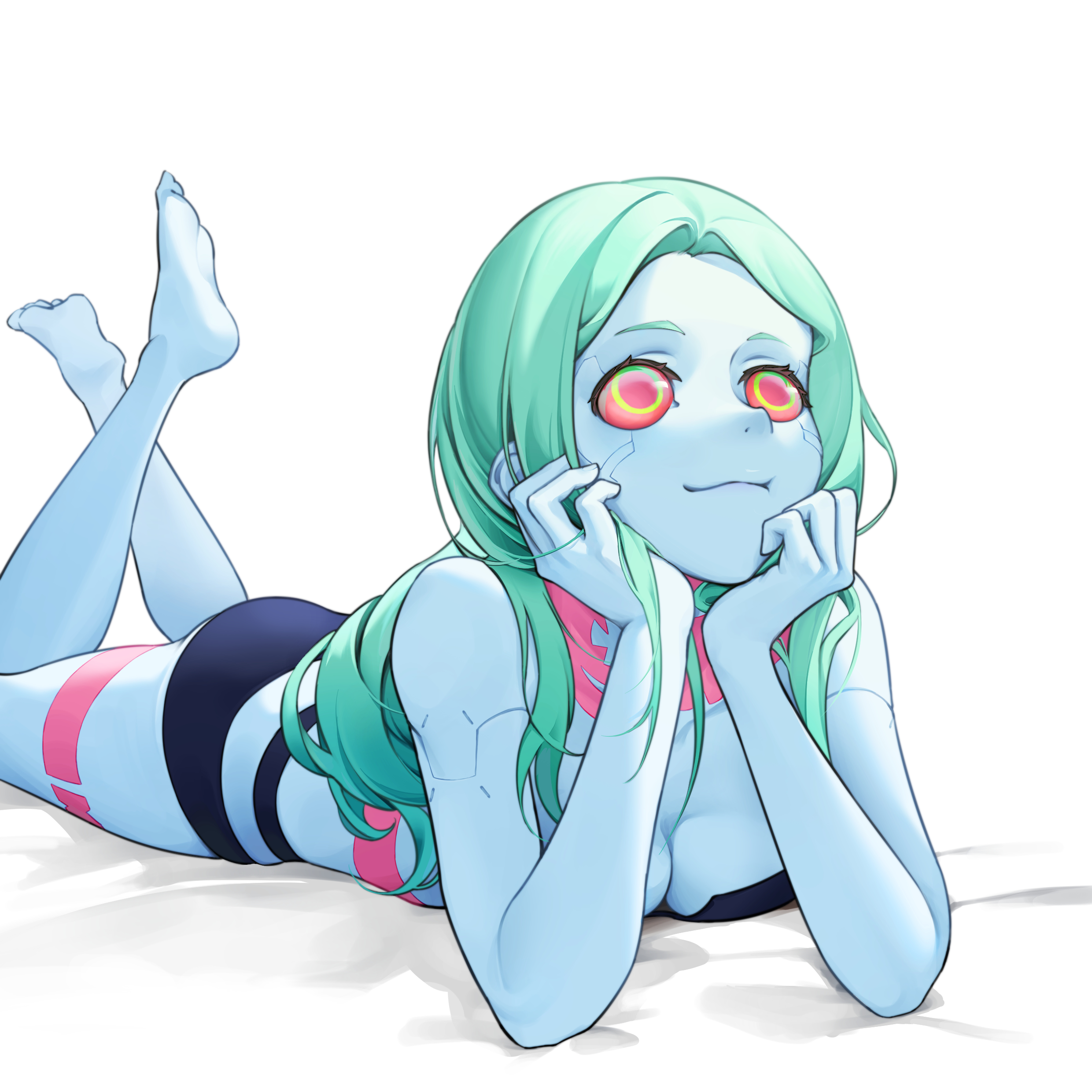 1girls, barefoot, bed, breasts, cd projekt red, cleavage, cute, cyberpunk 2077, cyberpunk: edgerunners, feet, female, female only, hsuz1231, lying, netflix, on stomach, panties, pose, posing, rebecca (edgerunners), small breasts, smile, solo, solo female, studio trigger, the pose, underwear