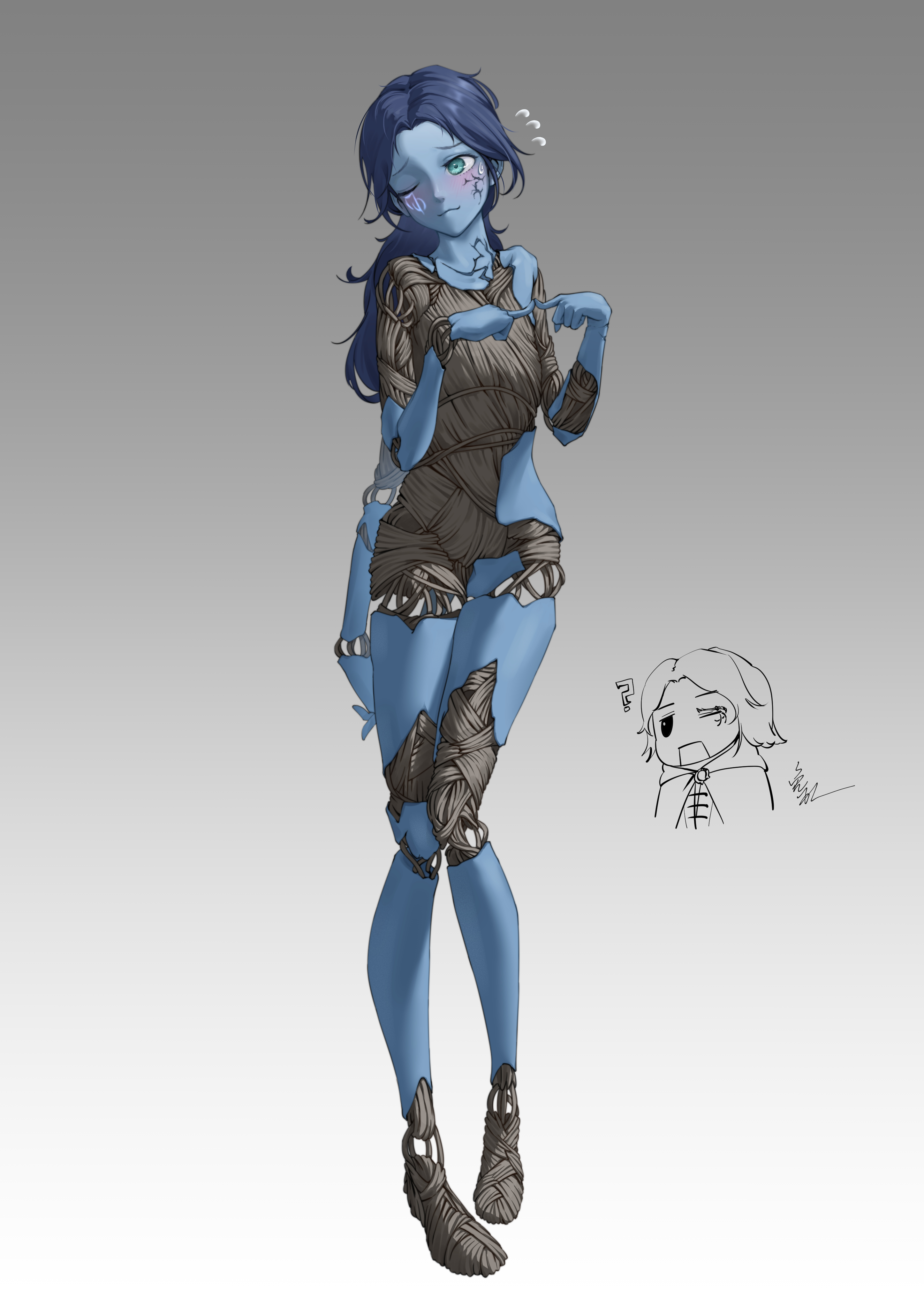 ?, 2girls, 4 arms, accurate body type, blue body, blue hair, blush, cracked skin, doll, doll joints, elden ring, embarrassed, female, female only, fromsoftware, hsuz1231, melina (elden ring), multi arm, multi limb, multiple females, multiple girls, nude, nude female, ranni the witch