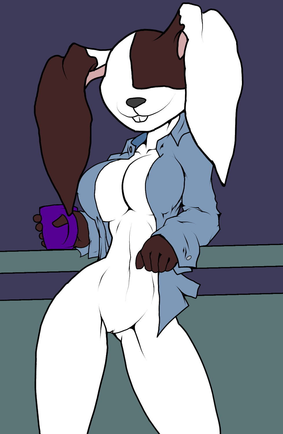 1girls 4n0nym0u5 anthro big_breasts blue_shirt breasts_apart brown_fur bunny_girl five_nights_at_freddy's five_nights_at_freddy's:_security_breach mug partially_clothed pussy rabbit_girl simple_background smiling solo vagina vanny_(fnaf) white_body white_fur