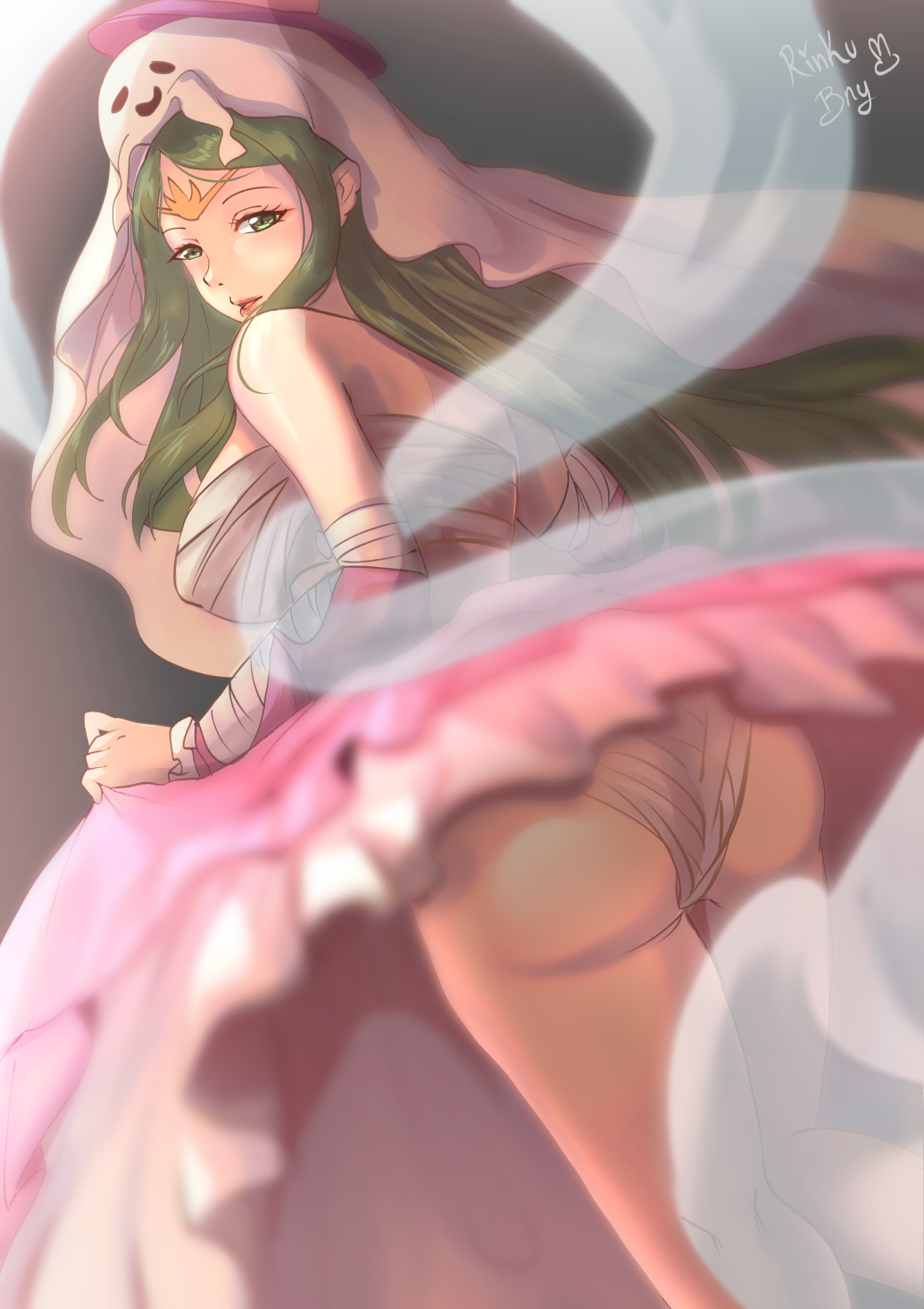 1girls alternate_costume ass bare_legs big_ass breasts chest_sarashi covered_nipples female female_only fire_emblem fire_emblem_awakening fire_emblem_heroes from_below ghost green_eyes green_hair halloween halloween_costume hat large_breasts legs long_hair looking_at_viewer looking_back looking_down naga_(fire_emblem) naga_(halloween)_(fire_emblem) nintendo official_alternate_costume panties pantyshot pantyshot_(standing) pointy_ears rinku_bny sarashi solo top_hat underwear upskirt very_long_hair white_panties