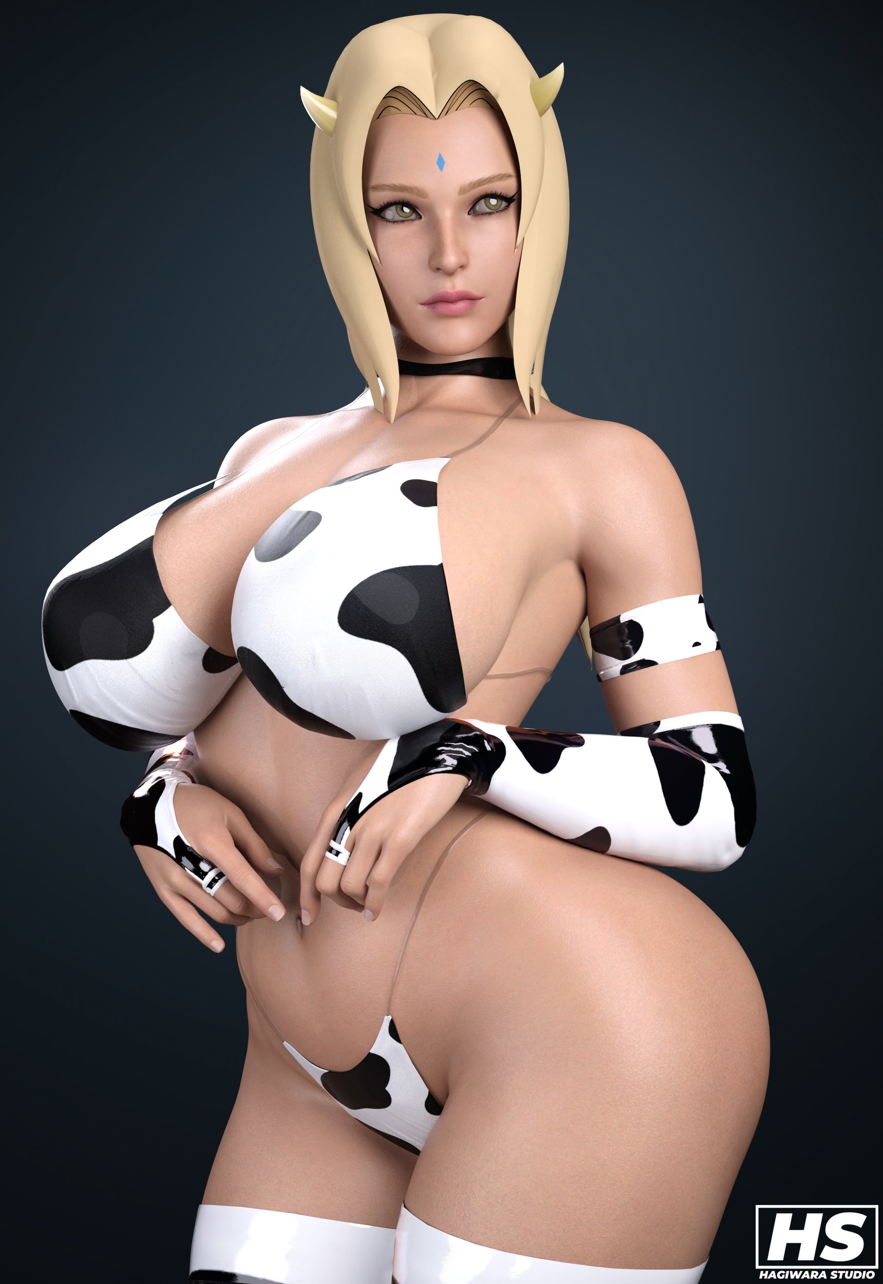 1girls, 3d, areolae, big breasts, blonde hair, breasts, brown eyes, cow print, cow print bikini, female, female only, hagiwara studio, huge breasts, large breasts, mature, mature female, naruto, naruto (series), naruto shippuden, solo, tsunade