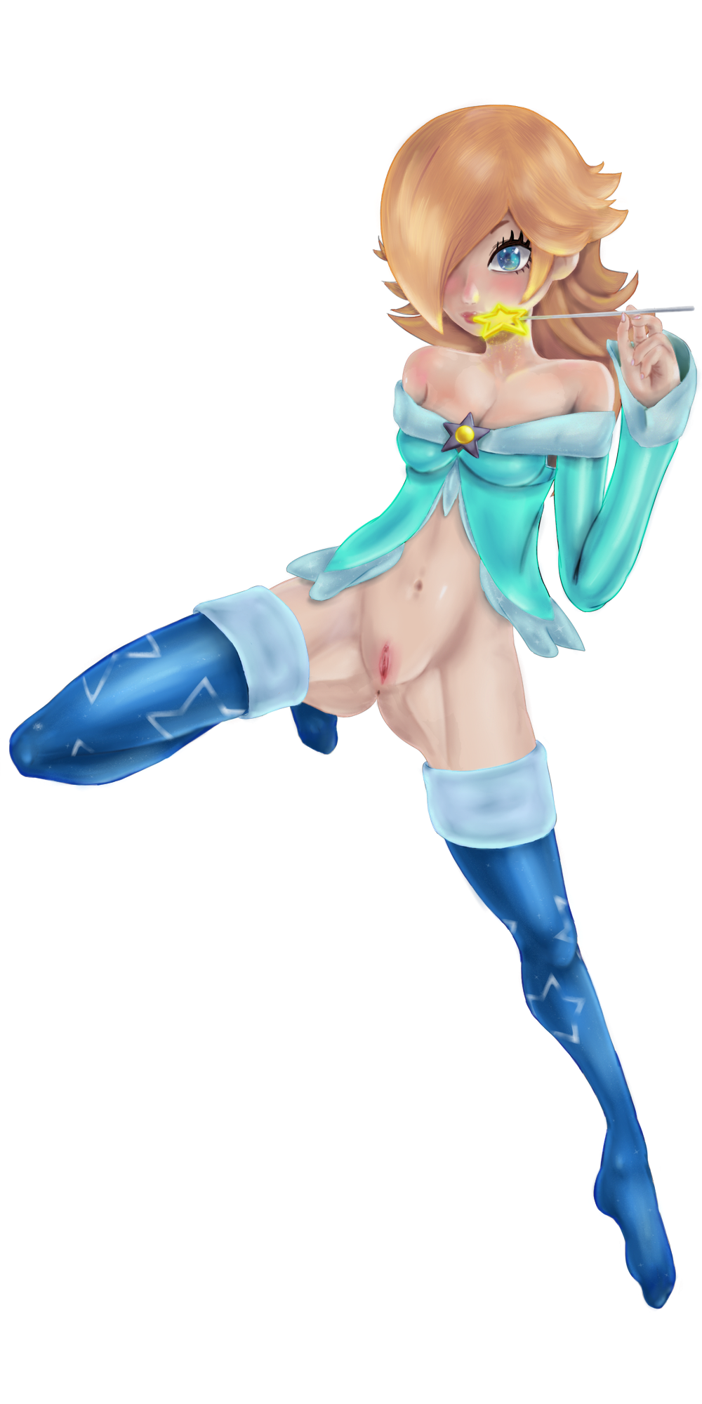 anus blonde_hair blue_eyes blue_legwear female hair_over_one_eye magic_wand mario_(series) nintendo princess_rosalina rasenxoru solo sparkling_eyes spread_legs super_mario_galaxy thighhighs transparent_background