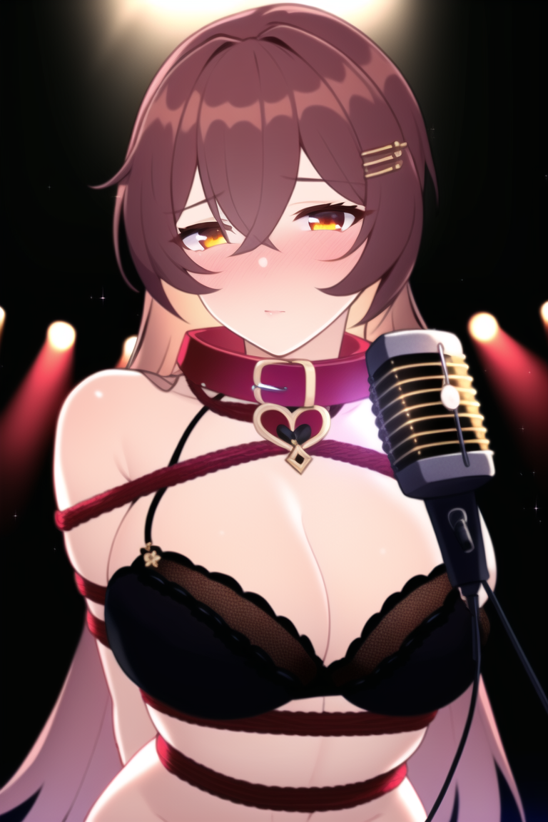 1girls ai_generated animal_collar blush bondage brown_hair collar eden_(honkai_impact) eden_(honkai_impact_3rd) embarrassed female female_only golden_eyes honkai_(series) honkai_impact_3rd large_breasts lingerie microphone mihoyo nai_diffusion red_rope solo stable_diffusion stage stage_lights tiques