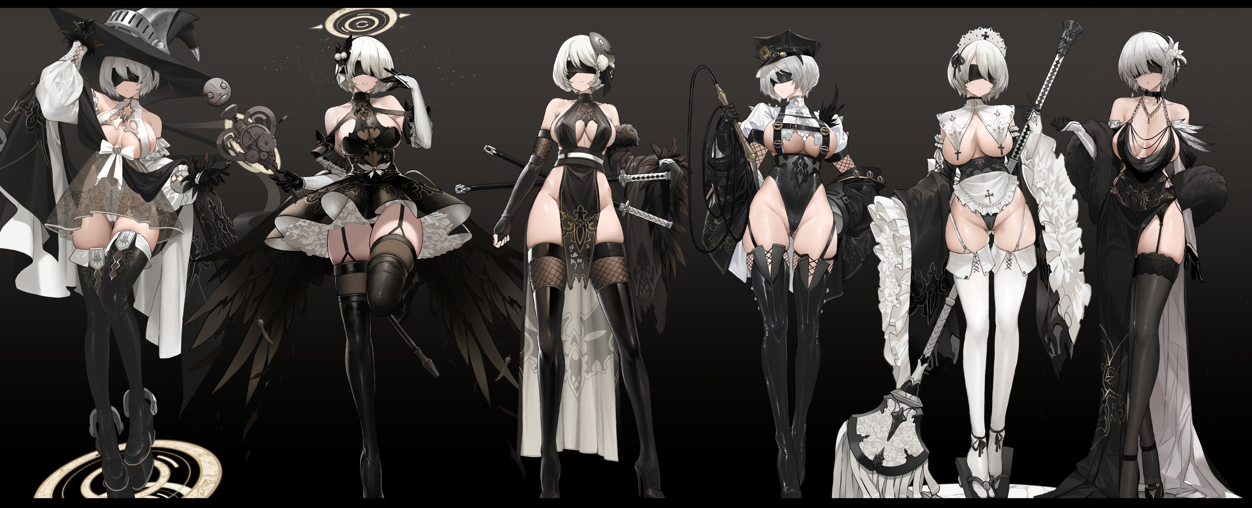 1girls, absurdres, adapted costume, alternate costume, apron, bangs, bare shoulders, black background, black blindfold, black dress, black footwear, black gloves, black thighhighs, blindfold, boots, bow, bowtie, breasts, character name, choker, cleavage, commentary, covered eyes, detached sleeves, dishwasher1910, dress, elbow gloves, english commentary, female, flower, frills, full body, fur trim, fur-trimmed sleeves, garter belt, garter straps, gloves, hair flower, hair ornament, high heels, highres, lace, lace trim, lace-trimmed legwear, large breasts, long dress, low wings, machinery, magical girl, maid headdress, multiple views, nier (series), nier: automata, paid reward available, parted lips, pod (nier), revealing clothes, robot, short hair, side slit, sideboob, silver hair, skindentation, thigh boots, thighhighs, thighs, two-sided dress, two-sided fabric, white hair, wings, yorha 2b, zettai ryouiki