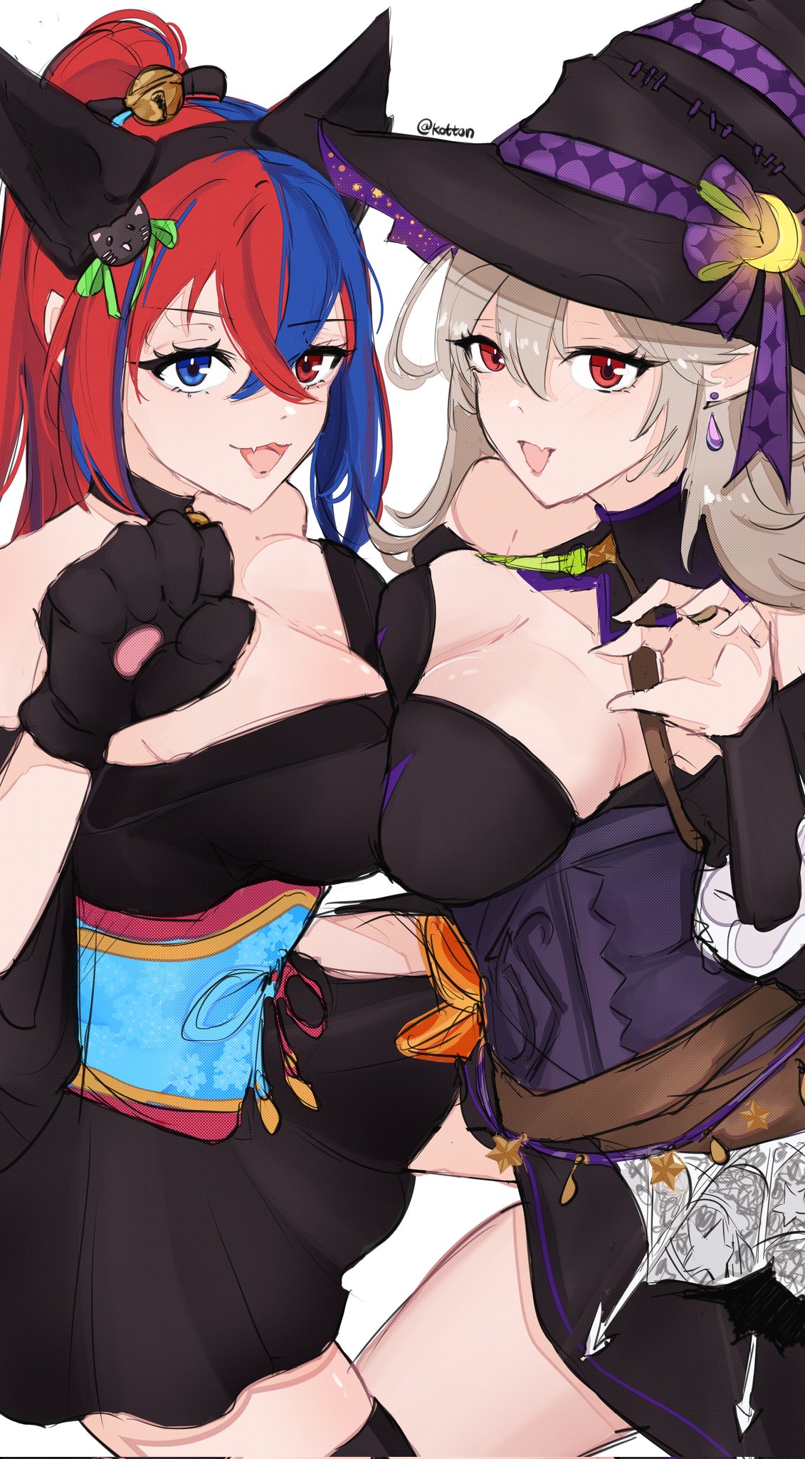 2girls alear_(female)_(fire_emblem) alear_(fire_emblem) alternate_costume blue_hair breasts catgirl corrin_(female)_(halloween)_(fire_emblem) corrin_(fire_emblem) corrin_(fire_emblem)_(female) female female_only fire_emblem fire_emblem_engage fire_emblem_fates fire_emblem_heroes halloween halloween_costume looking_at_viewer multicolored_hair nintendo official_alternate_costume open_mouth red_hair serafineart1001 two_tone_hair witch witch_hat