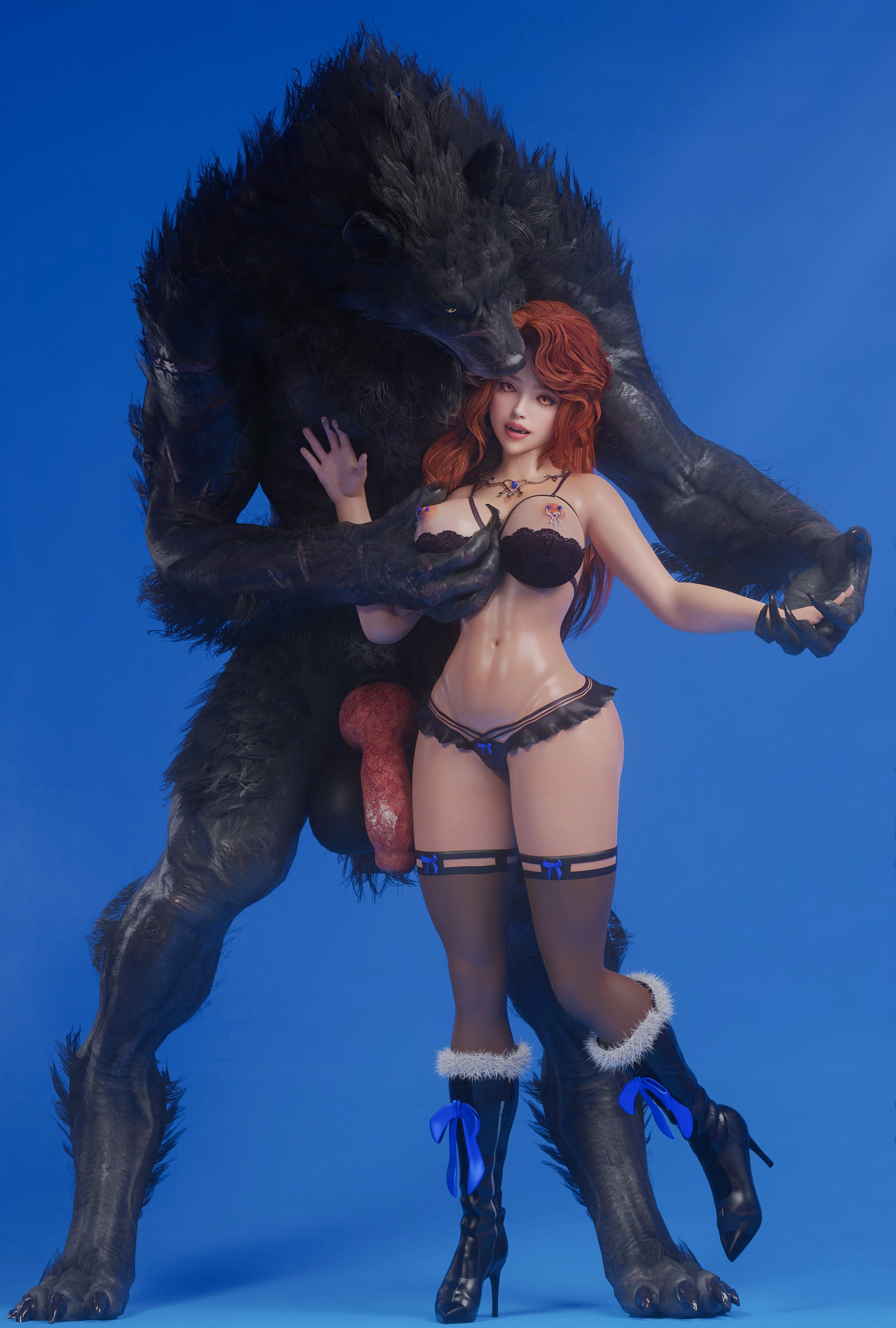 1boy, 1girls, 3d, amber eyes, anthro, black fur, blue background, boots, breast grab, breasts, breasts out, brown hair, canine penis, dominant, dominant male, fangs, female, furry, half-erect, high heel boots, holding hand, imminent rape, imminent sex, large breasts, large penis, long hair, male, miniskirt, nipple piercing, nipples, nisama3dx, parted lips, penis, piercing, simple background, size difference, standing, thighhighs, vampire, werewolf