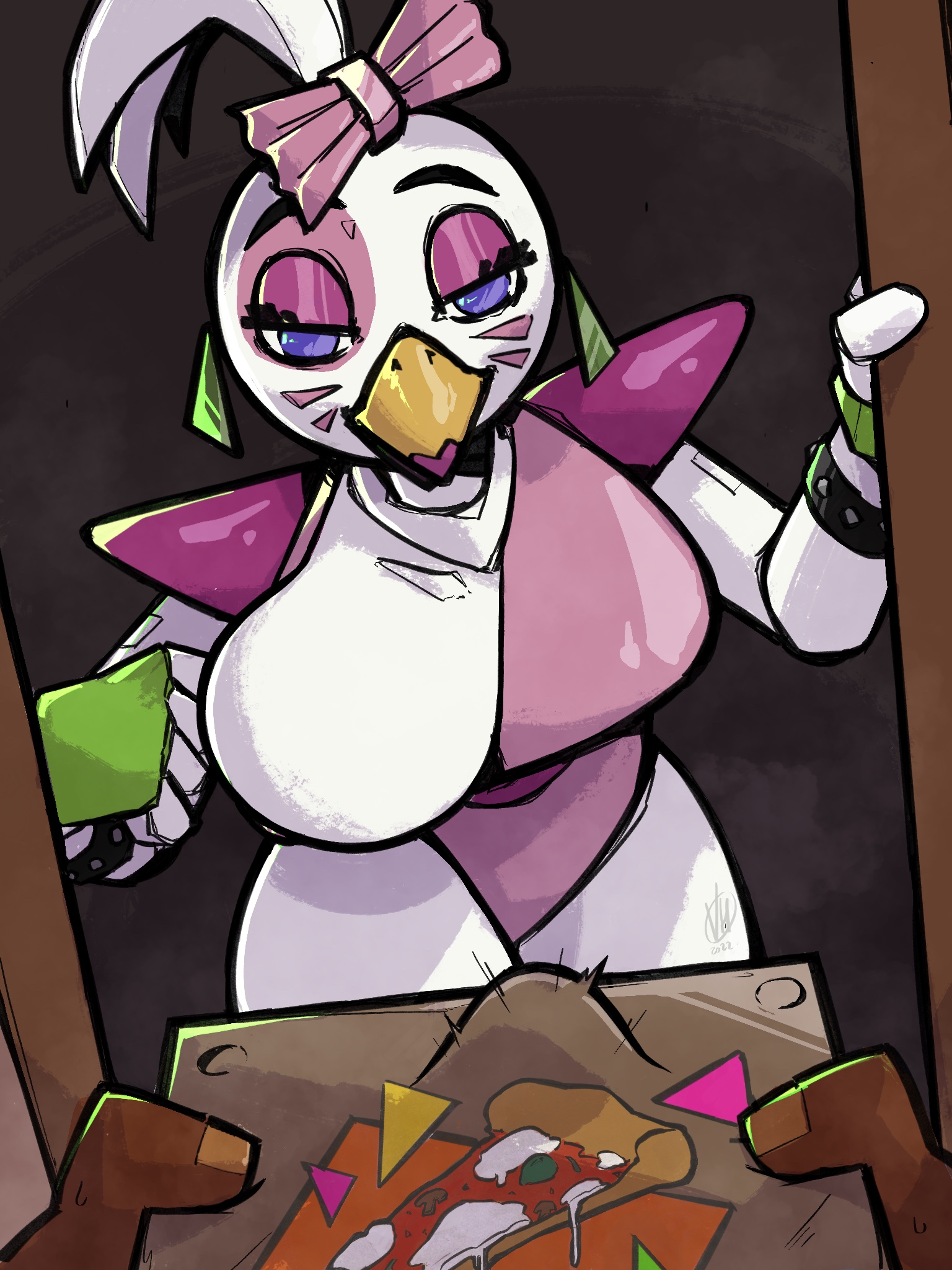 big breasts, breasts, cleavage, dark skin, dark-skinned male, erection, erection under clothes, female, five nights at freddy's, five nights at freddy's: security breach, glamrock chica (fnaf), lipstick, male, mnb89, pizza box, pizza delivery, scottgames, teasing