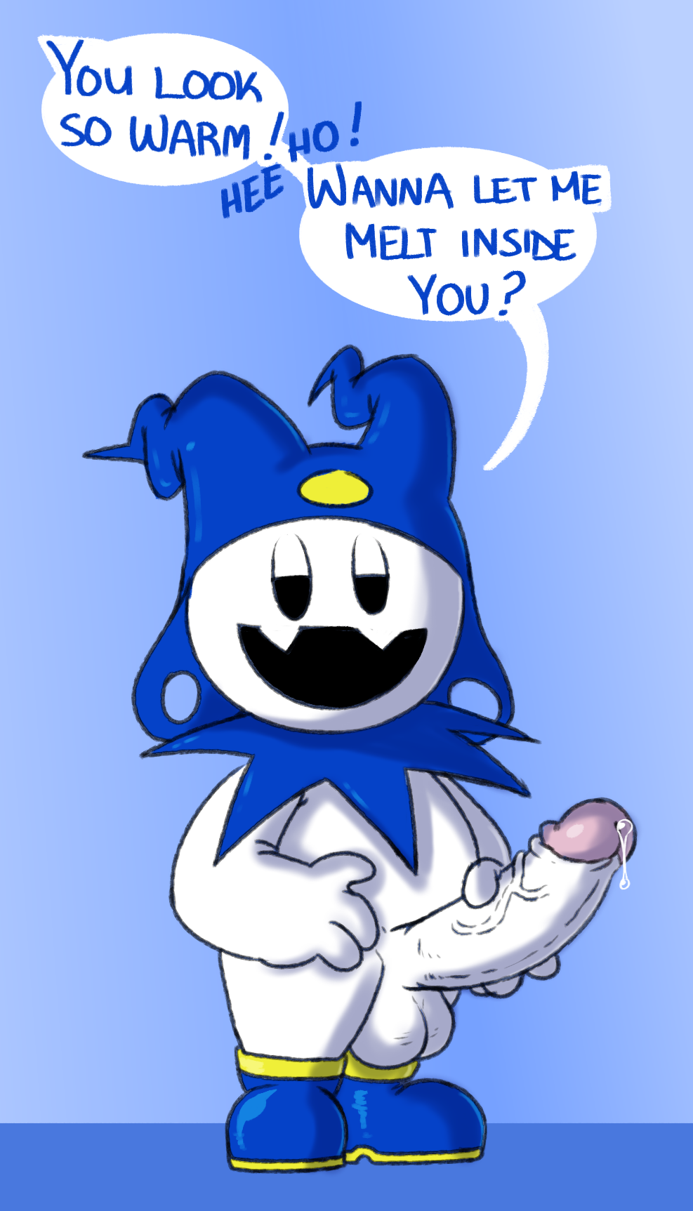 1boy 2020 atlus balls bedroom_eyes big_balls big_penis big_testicles blue_background blue_clothing blue_footwear blue_hat blue_headwear blue_shoes bodily_fluids clothing demon demon_humanoid dialogue english_text erection fangs footwear gay genital_fluids genitals glans half-closed_eyes hat headgear headwear highres holding_penis humanoid humanoid_genitalia humanoid_penis imp jack_frost_(megami_tensei) looking_at_viewer male male_only megami_tensei narrowed_eyes nylonheretic open_mouth open_smile penile penis pink_glans precum seductive shoes simple_background smile solo talking_to_viewer testicles text vein veiny_penis video_games white_balls white_body white_penis