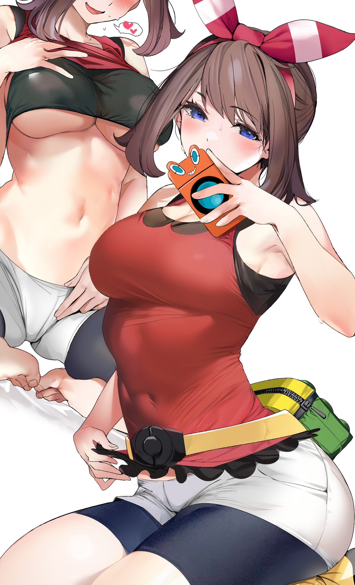 1girls armpits bike_shorts blue_eyes blush booty_shorts breasts brown_hair female game_freak holding_object large_breasts light-skinned_female light_skin long_hair marushin_(denwa0214) may_(pokemon) may_(pokemon_oras) midriff nintendo phone pokemon pokemon_oras rotom_phone selfie short_hair short_shorts shorts sports_bra sportswear tank_top thighs top_lift underboob