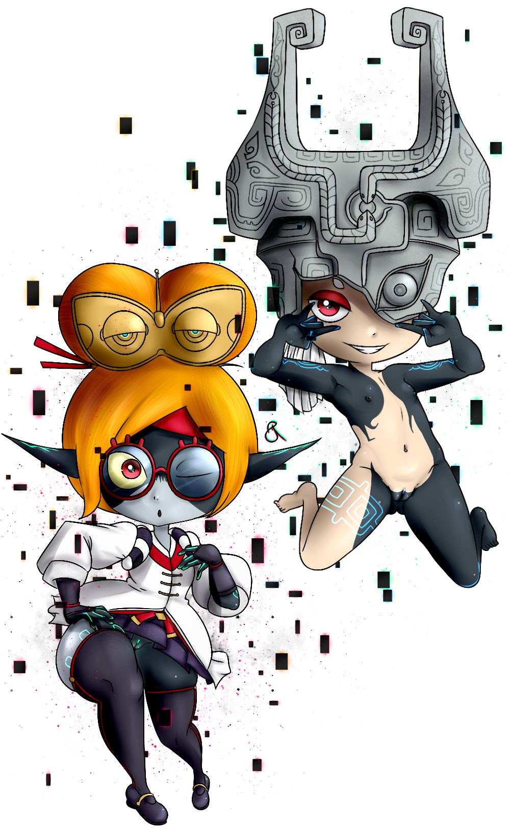 2girls costume_switch female female_only flat_chest glasses grin hair_over_one_eye imp_midna midna multiple_girls one_eye_obstructed orange_hair purah pussy rasenxoru the_legend_of_zelda transparent_background twili twilight_princess wide_hips wink