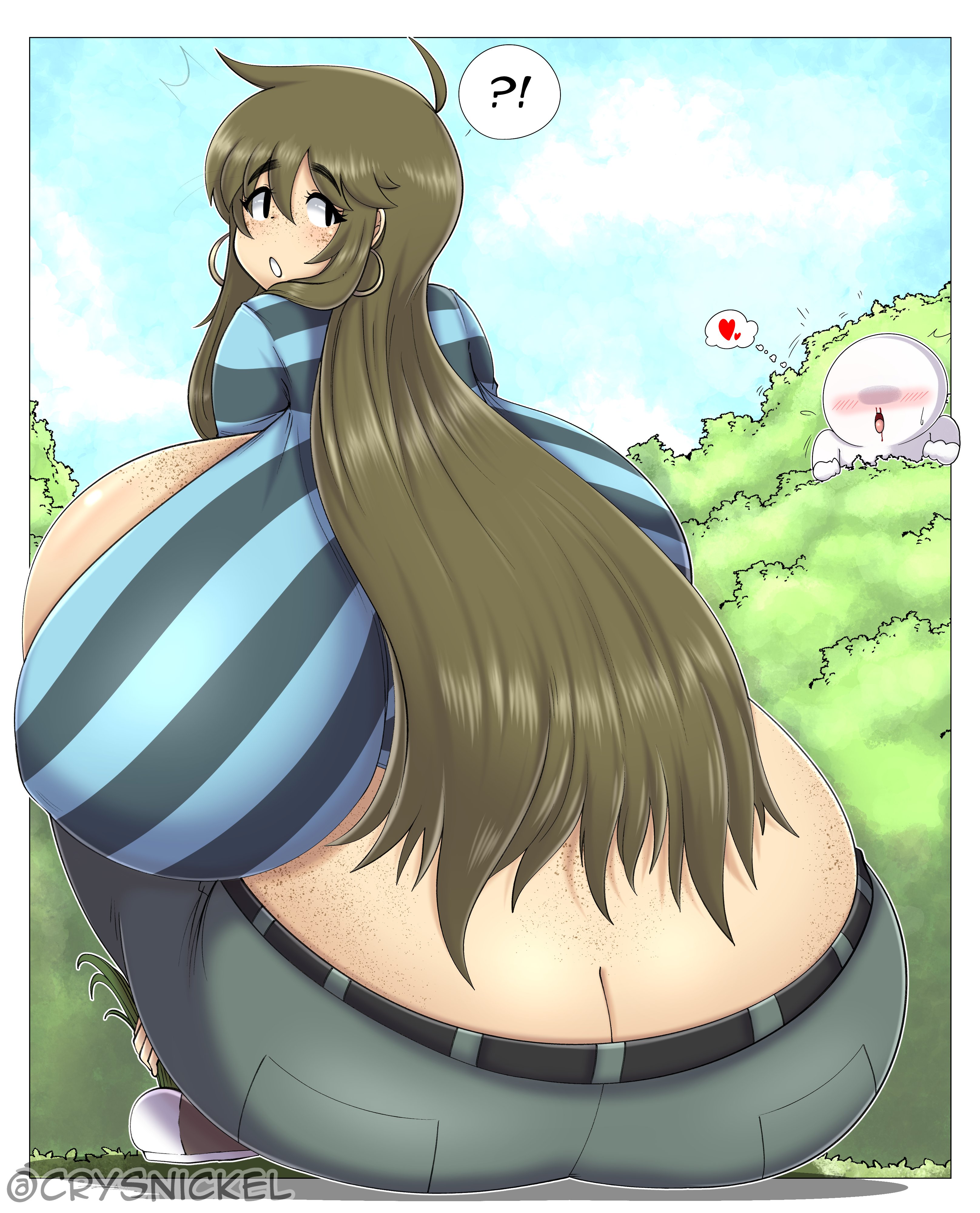 ?!, 1girls, 2022, anon, ass, ass cleavage, ass crack, bad anatomy, blush, breasts, brown hair, butt crack, cloe (crysnickel), crysnickel, earrings, eyebrows visible through hair, female, female focus, freckles, hoop earrings, huge ass, huge breasts, hyper hourglass, long hair, looking at viewer, looking back, nosebleed, oblivious, peeping, shoes, sneakers, spying