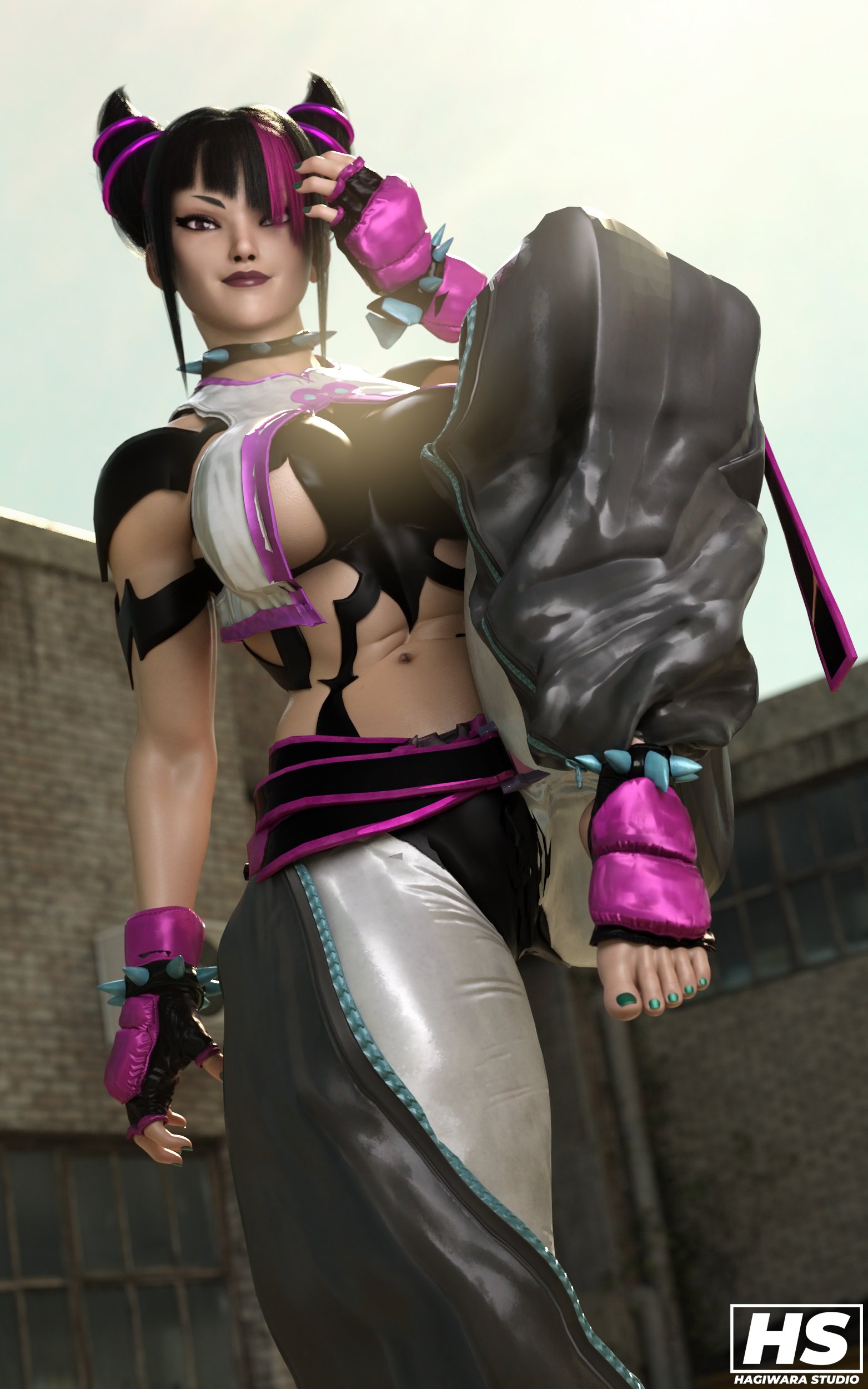 1girls, 3d, abs, anklet, baggy pants, bangs, belt, biceps, black hair, black thong, blunt bangs, bracelet, breasts, capcom, clothed, collarbone, curvy, daz studio, detached sleeves, drill hair, eyelashes, female, female only, fighting stance, fingerless gloves, gloves, hagiwara studio, halterneck, highres, human, juri han, large breasts, midriff, muscles, muscular, muscular female, nail polish, navel, outdoors, panties, pants, panty straps, perky breasts, posing, purple eyes, purple nails, sideboob, sidelocks, smile, smirk, solo, spiked anklet, spiked bracelet, standing, street fighter, street fighter 6, thong, twin drills, watermark