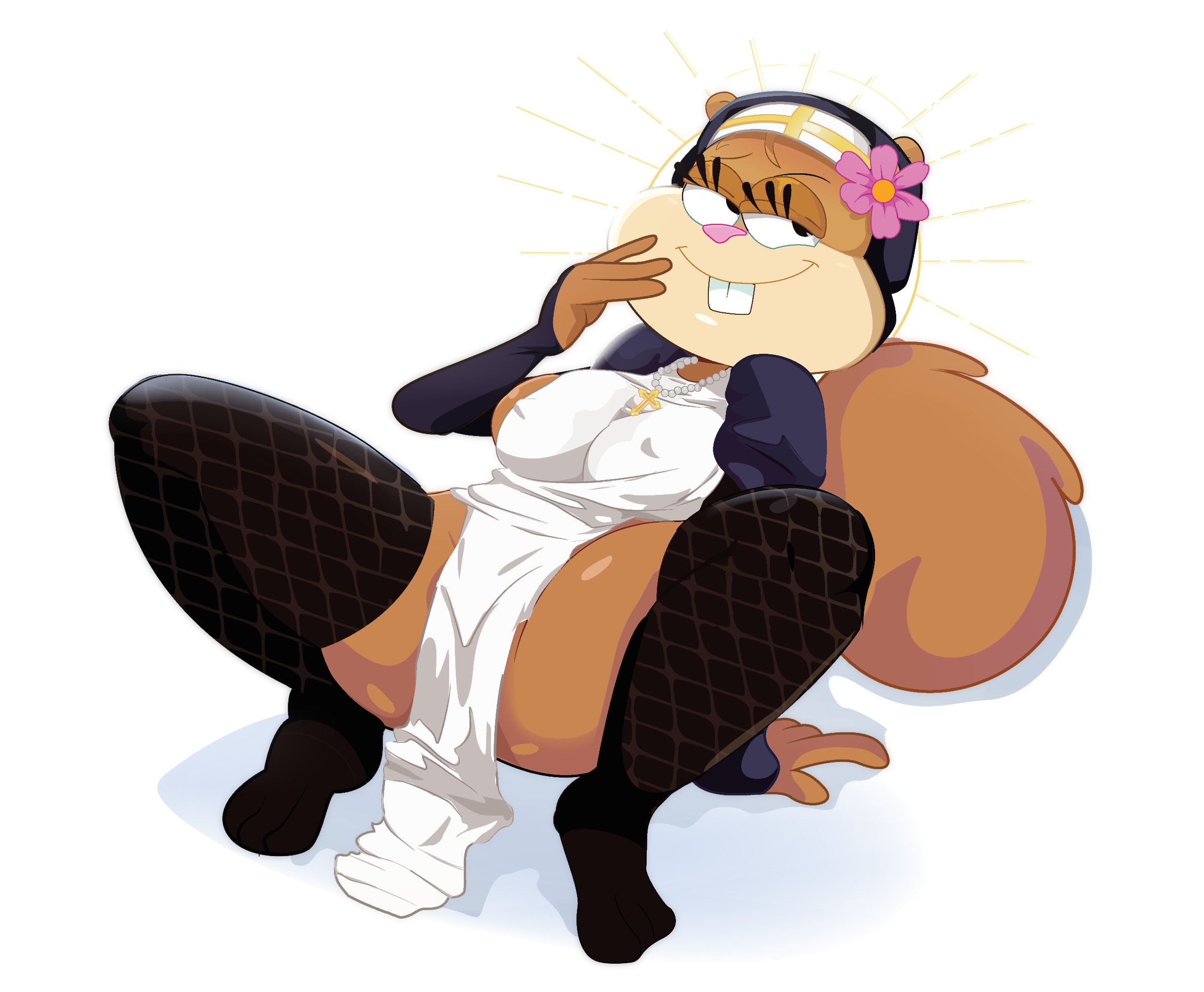 1girls, breasts, crab walk position, crucifix, female, female focus, female only, flower in hair, fully clothed, gosgoz, nickelodeon, nipple bulge, nun outfit, sandy cheeks, sideboob, smooth skin, spongebob squarepants, squirrel