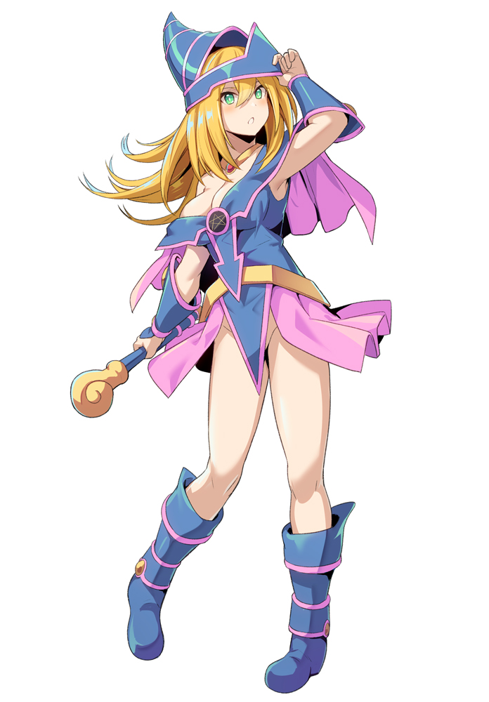 armpits, blonde hair, blue, blush, boots, bracelet, bracelets, cleavage, dark magician girl, dress, female, gloves, gold, gown, green eyes, hat, legs, long hair, necklace, nipple slip, no panties, pentagram, pink, rob ishi, white background, yellow hair, yu-gi-oh!