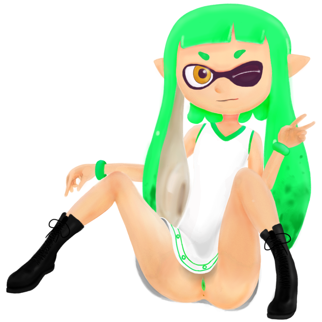 boots bottomless bracelet dress female green_hair inkling nintendo peace_sign pointy_ears pussy rasenxoru smile solo splatoon spread_legs transparent_background wink