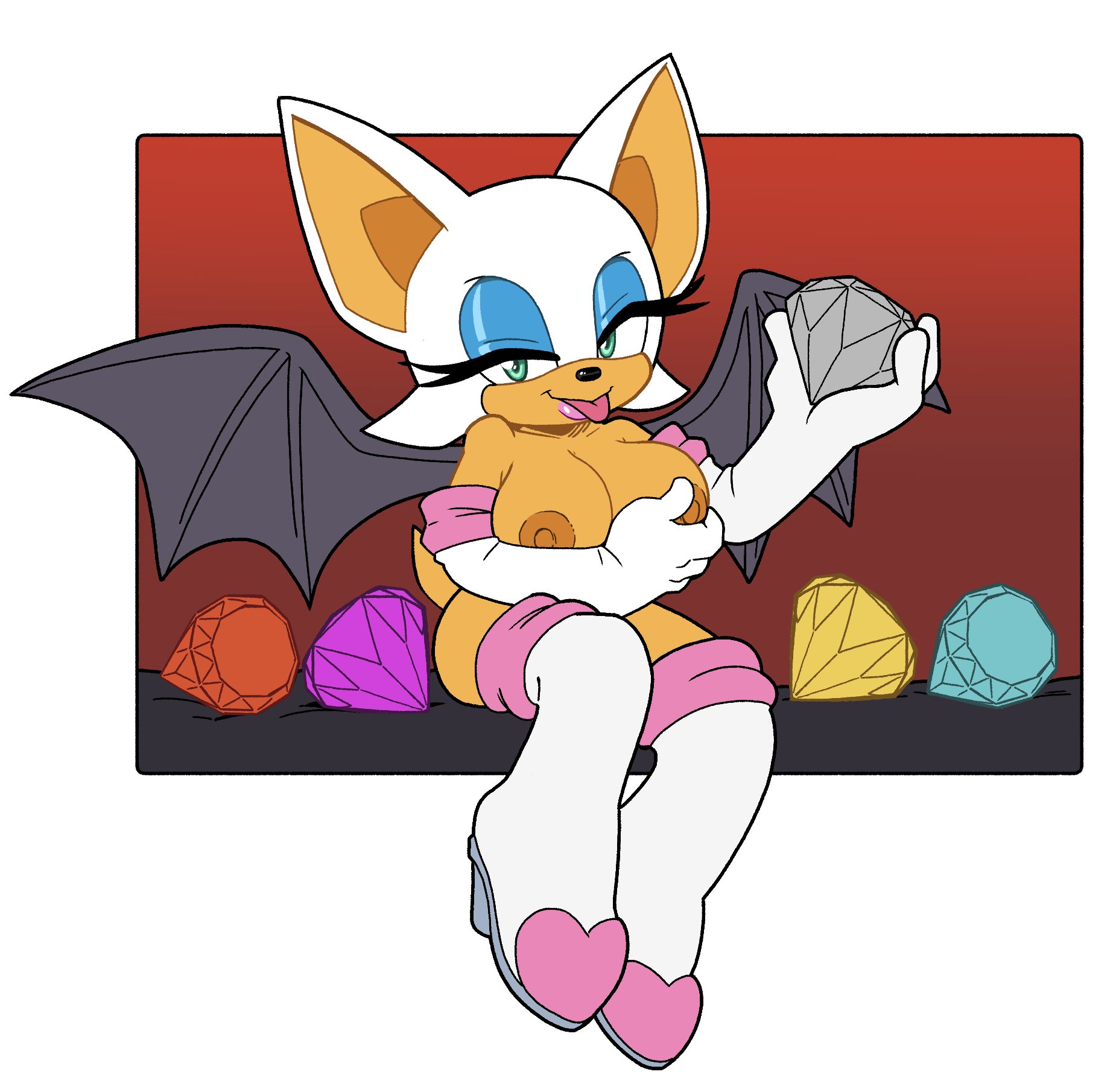 ass, boots, breasts, chaos emerald, covering breasts, dark nipples, female, huge breasts, leatherruffian, naked footwear, nipple slip, nude, rouge the bat, sega, sonic (series), sonic the hedgehog (series)