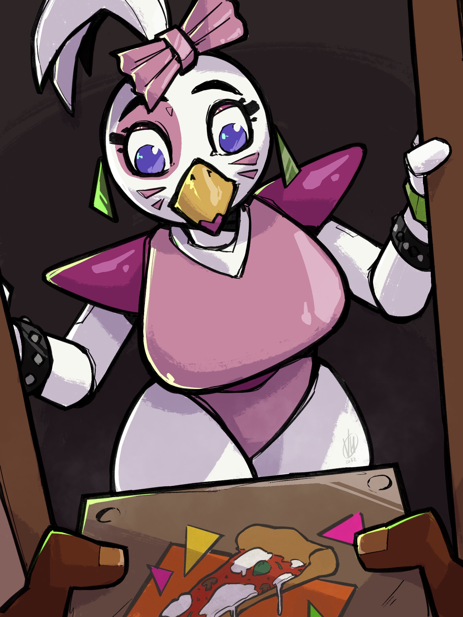 big breasts, breasts, dark skin, dark-skinned male, female, five nights at freddy's, five nights at freddy's: security breach, glamrock chica (fnaf), lipstick, male, mnb89, pizza box, pizza delivery, scottgames