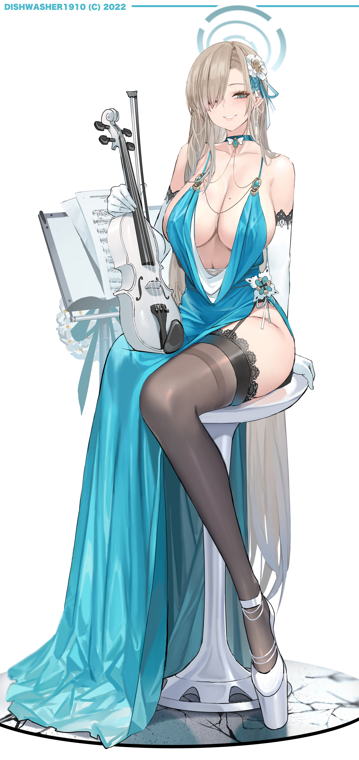 1girls, absurd res, asuna (blue archive), big breasts, blonde hair, blue archive, blue dress, blue eyes, breasts, cleaning & clearing (blue archive), cleavage, dishwasher1910, dress, elbow gloves, eyelashes, eyeliner, female, female only, garter belt, garter straps, heels, hi res, high heels, lingerie, lipstick, makeup, millennium science school student, mole, platform heels, smile, stockings, very long hair, white gloves
